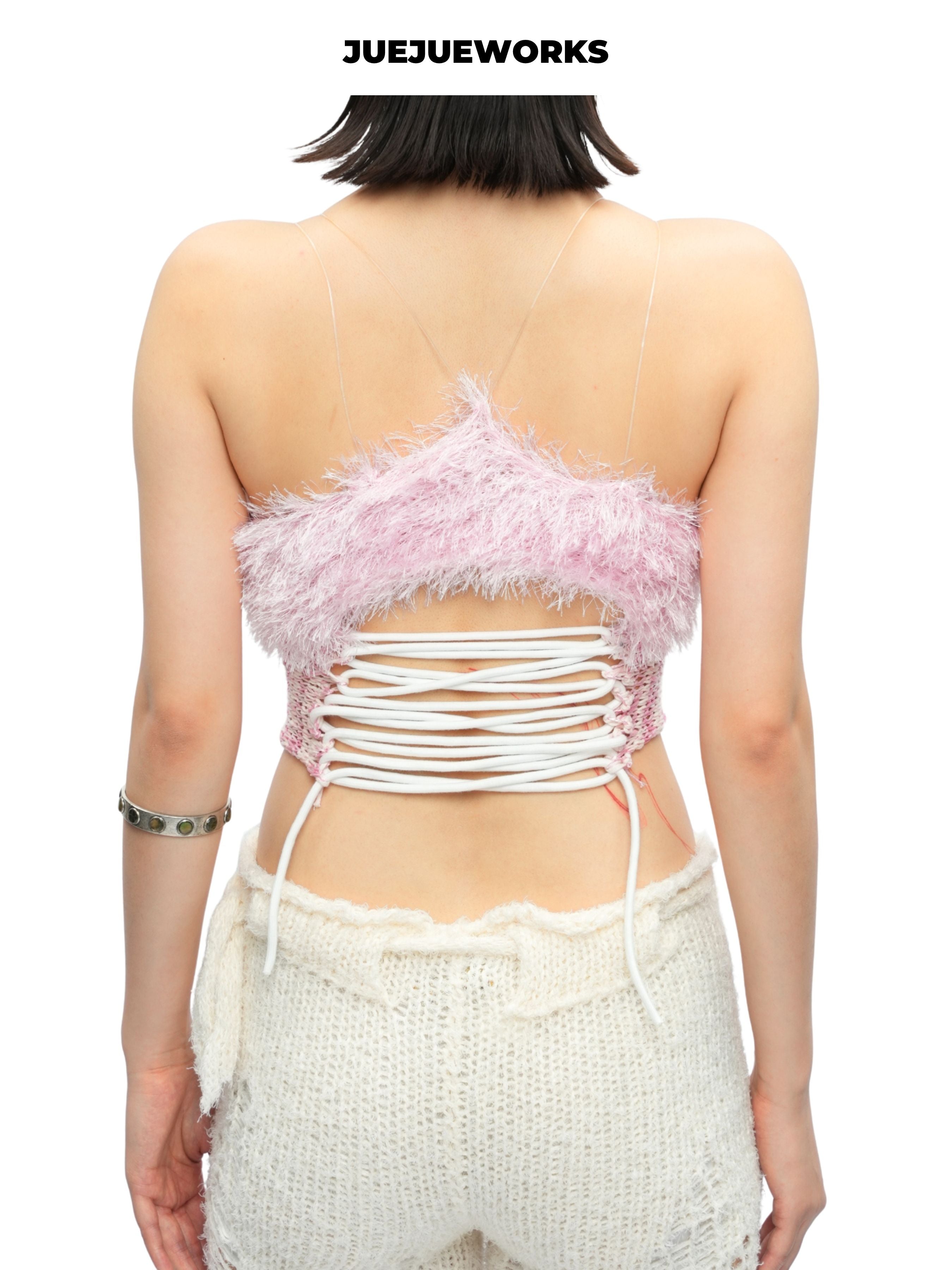 JUEJUEWORKS Pink Feather Fluffy Strapless Bodysuit, Sheer Mesh Handmade Knit Cami Top