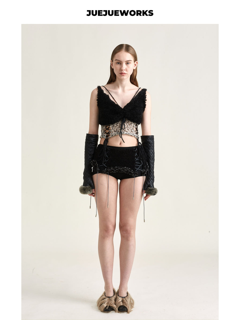 JUEJUEWORKS Black Camel Hollow Out Lace-Up Knit Cami, High Stretch Handmade Knit Crop Top, Spring New Arrival