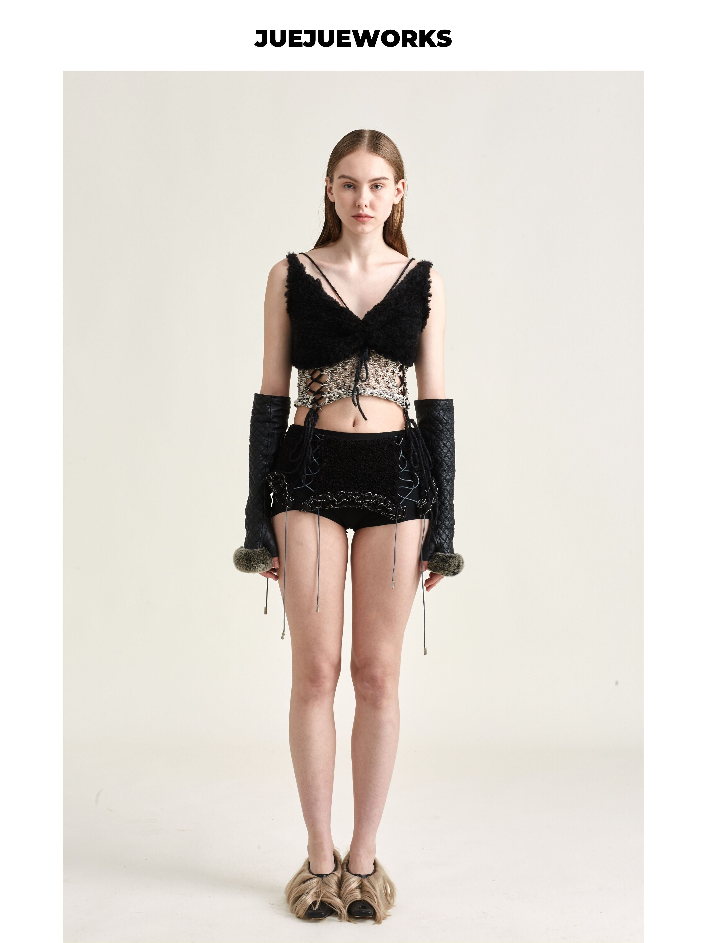 JUEJUEWORKS Black Camel Hollow Out Lace-Up Knit Cami, High Stretch Handmade Knit Crop Top, Spring New Arrival