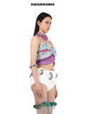 JUEJUEWORKS Shredded Fringe Neck Cami Set, Hollow Out High Stretch Handmade Knit Two Piece Set