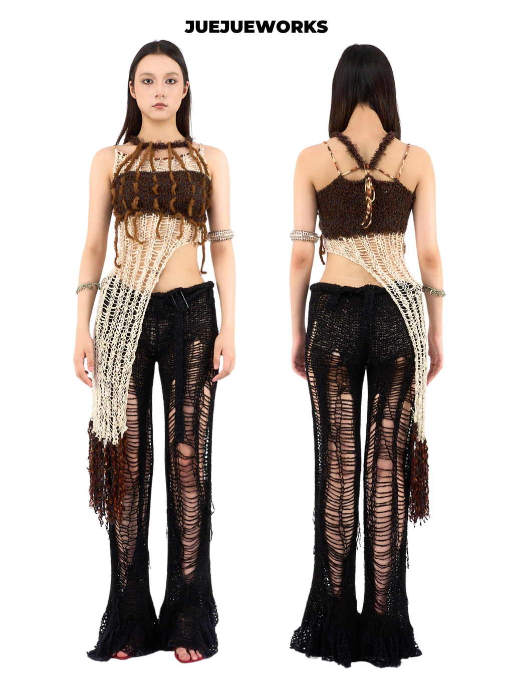 JUEJUEWORKS Chocolate Color Block Cami, Fringe Asymmetric Hem Handmade Knit Top