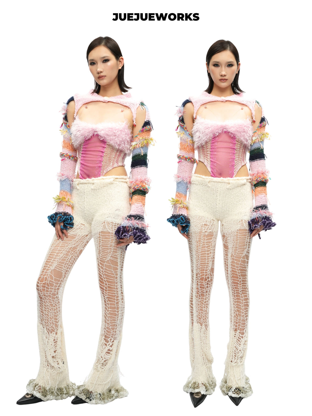 JUEJUEWORKS Pink Feather Fluffy Strapless Bodysuit, Sheer Mesh Handmade Knit Cami Top