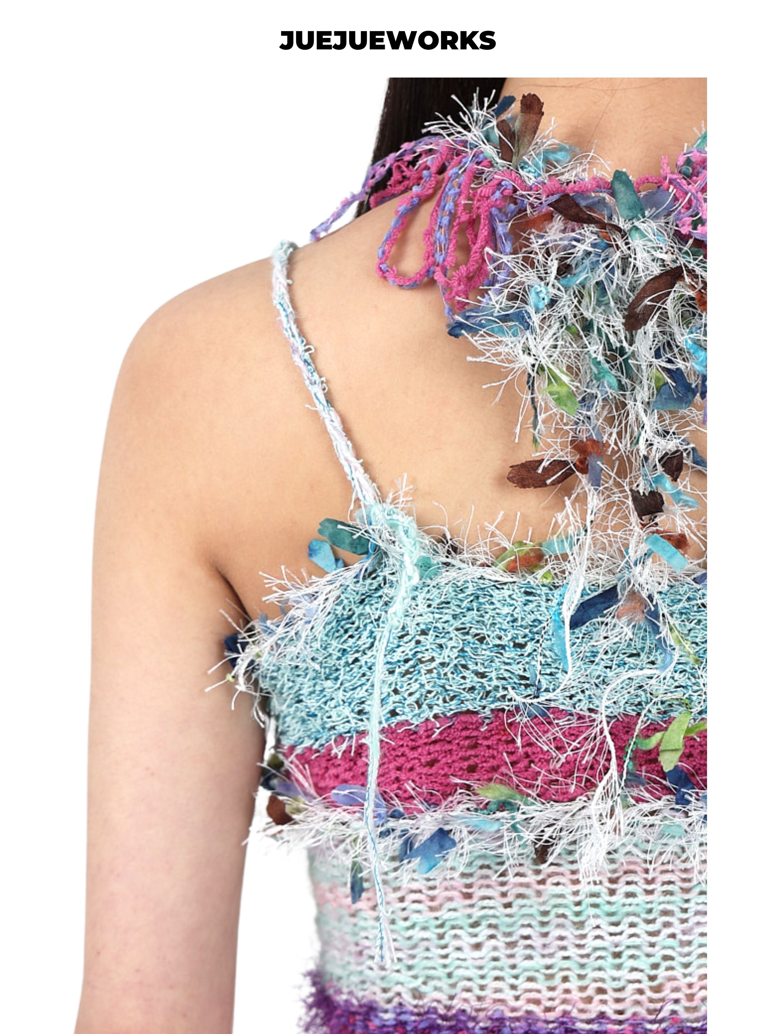 JUEJUEWORKS Shredded Fringe Neck Cami Set, Hollow Out High Stretch Handmade Knit Two Piece Set