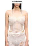 JUEJUEWORKS White Feather Knit Cami, Lace Mesh Corset High Stretch Adjustable Handmade Yarn Knit Spring Top