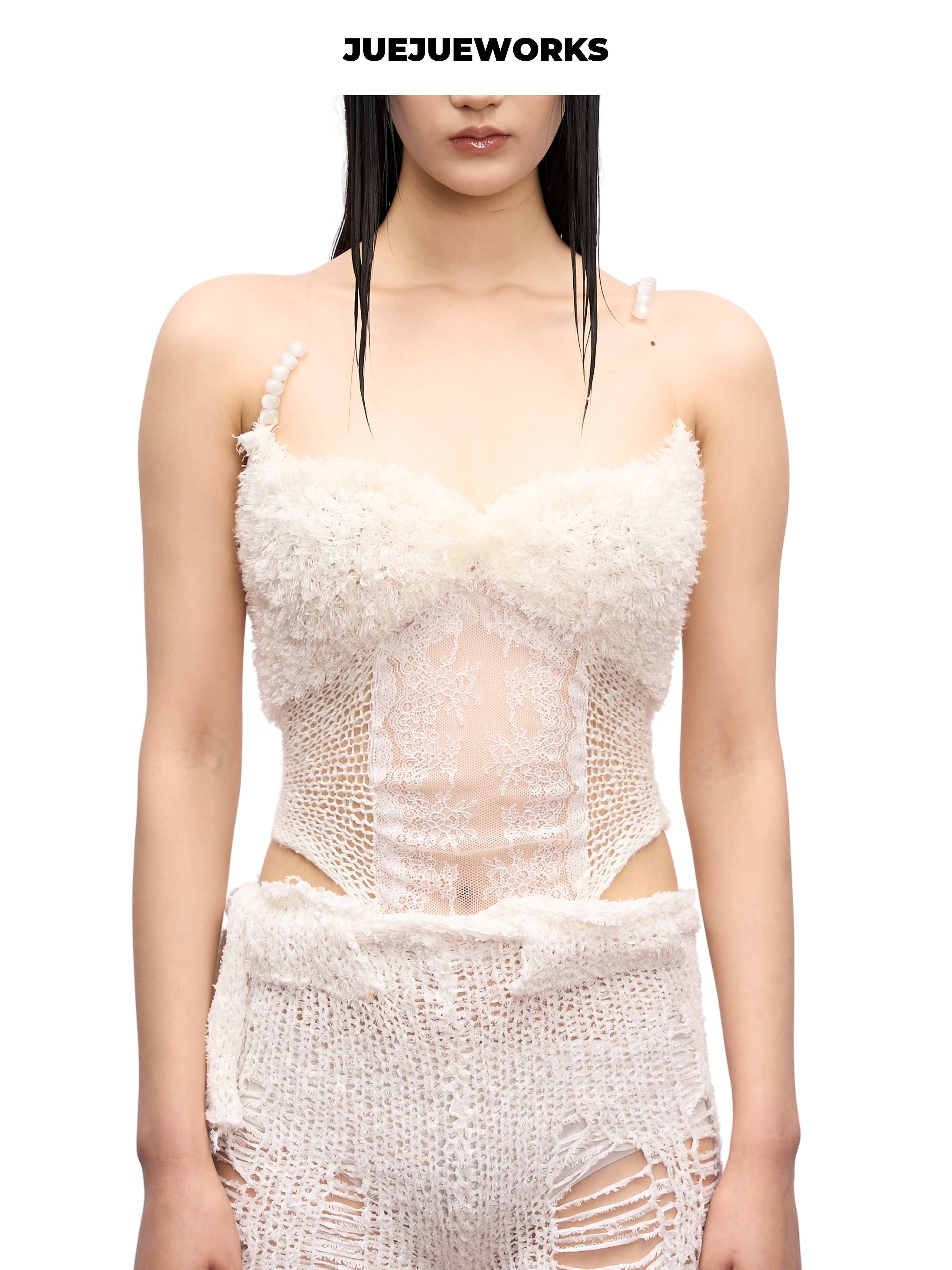 JUEJUEWORKS White Feather Knit Cami, Lace Mesh Corset High Stretch Adjustable Handmade Yarn Knit Spring Top