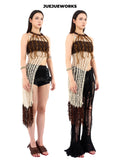 JUEJUEWORKS Chocolate Color Block Cami, Fringe Asymmetric Hem Handmade Knit Top