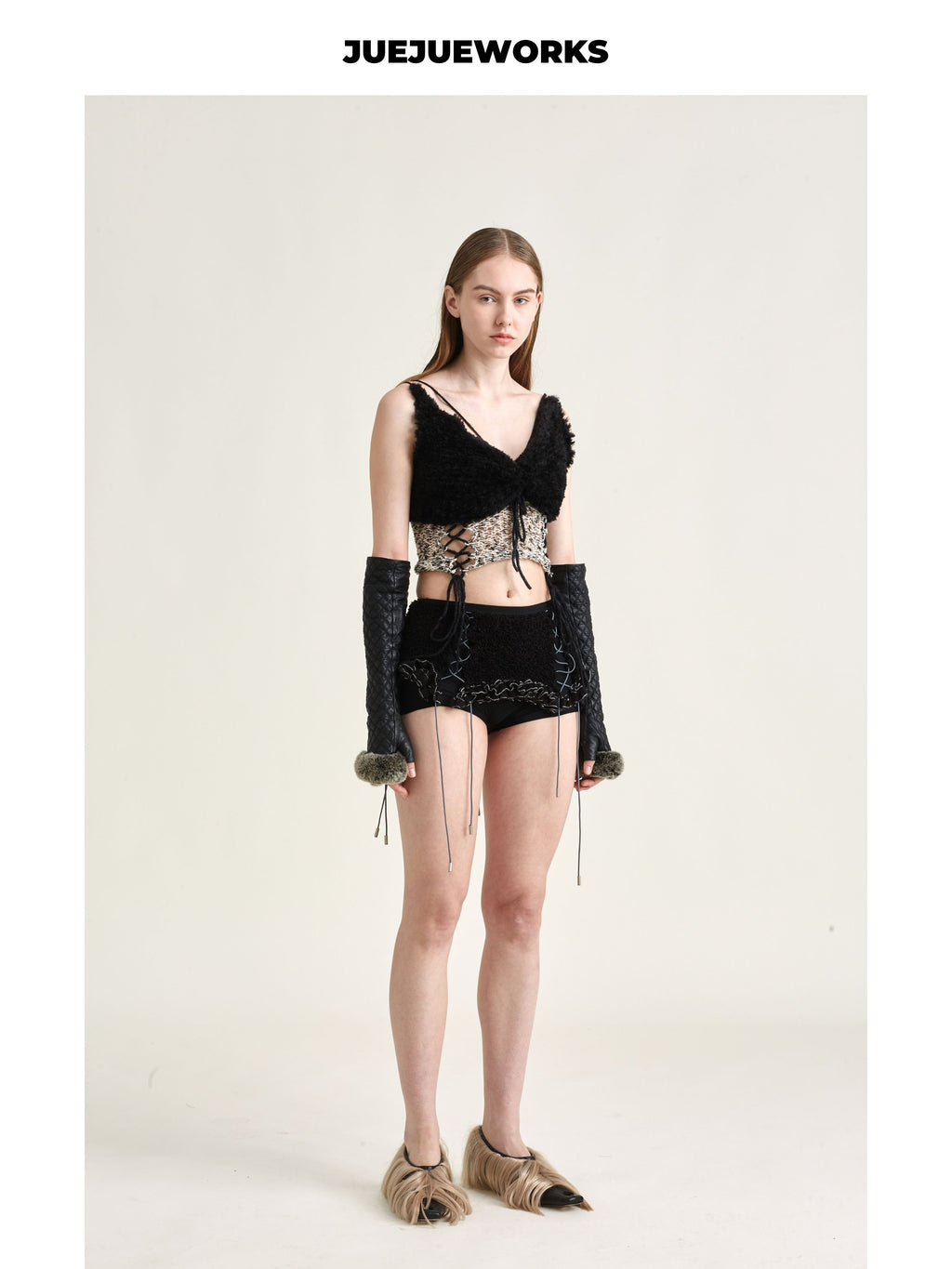 JUEJUEWORKS Black Camel Hollow Out Lace-Up Knit Cami, High Stretch Handmade Knit Crop Top, Spring New Arrival