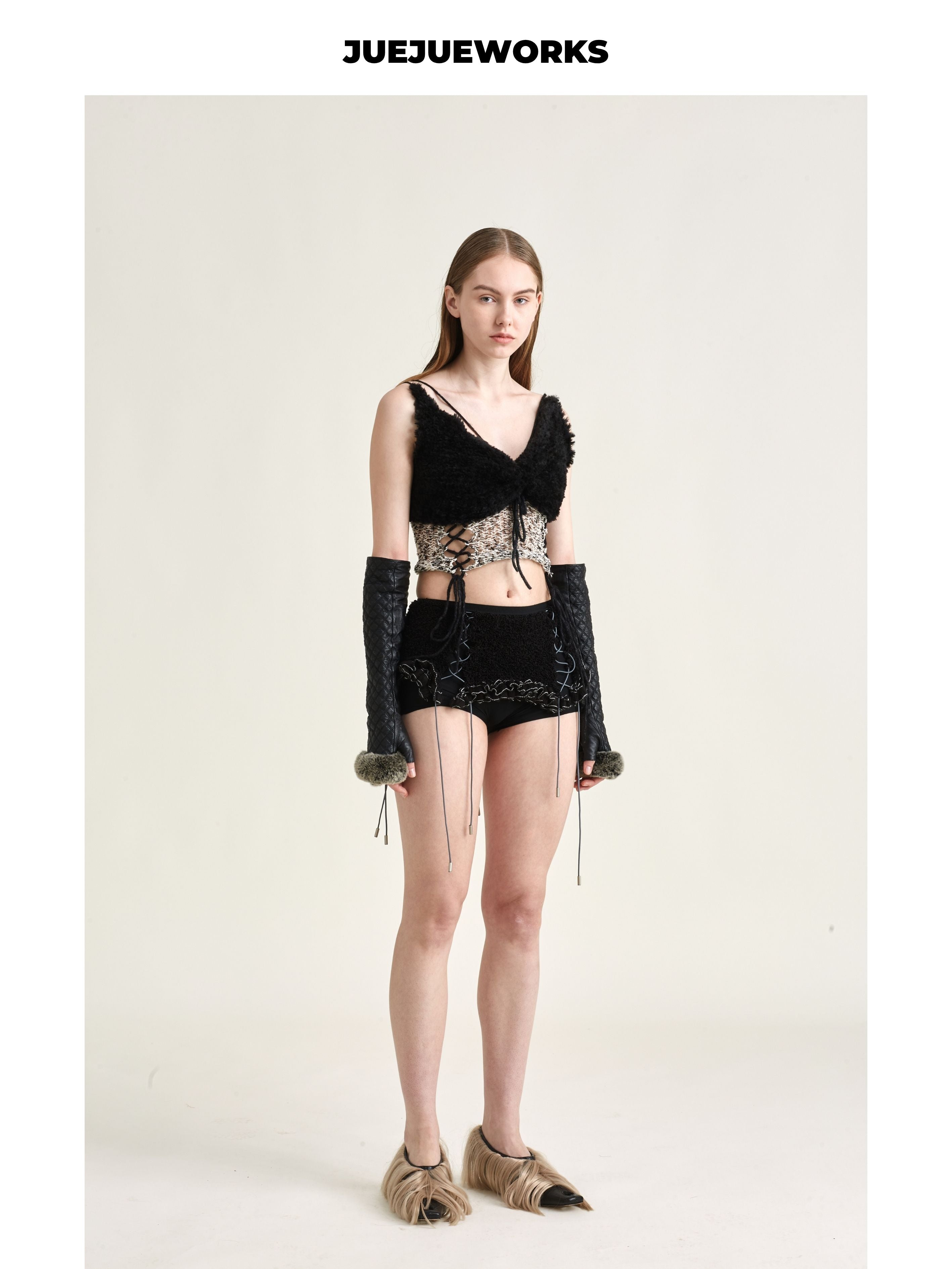 JUEJUEWORKS Black Camel Hollow Out Lace-Up Knit Cami, High Stretch Handmade Knit Crop Top, Spring New Arrival