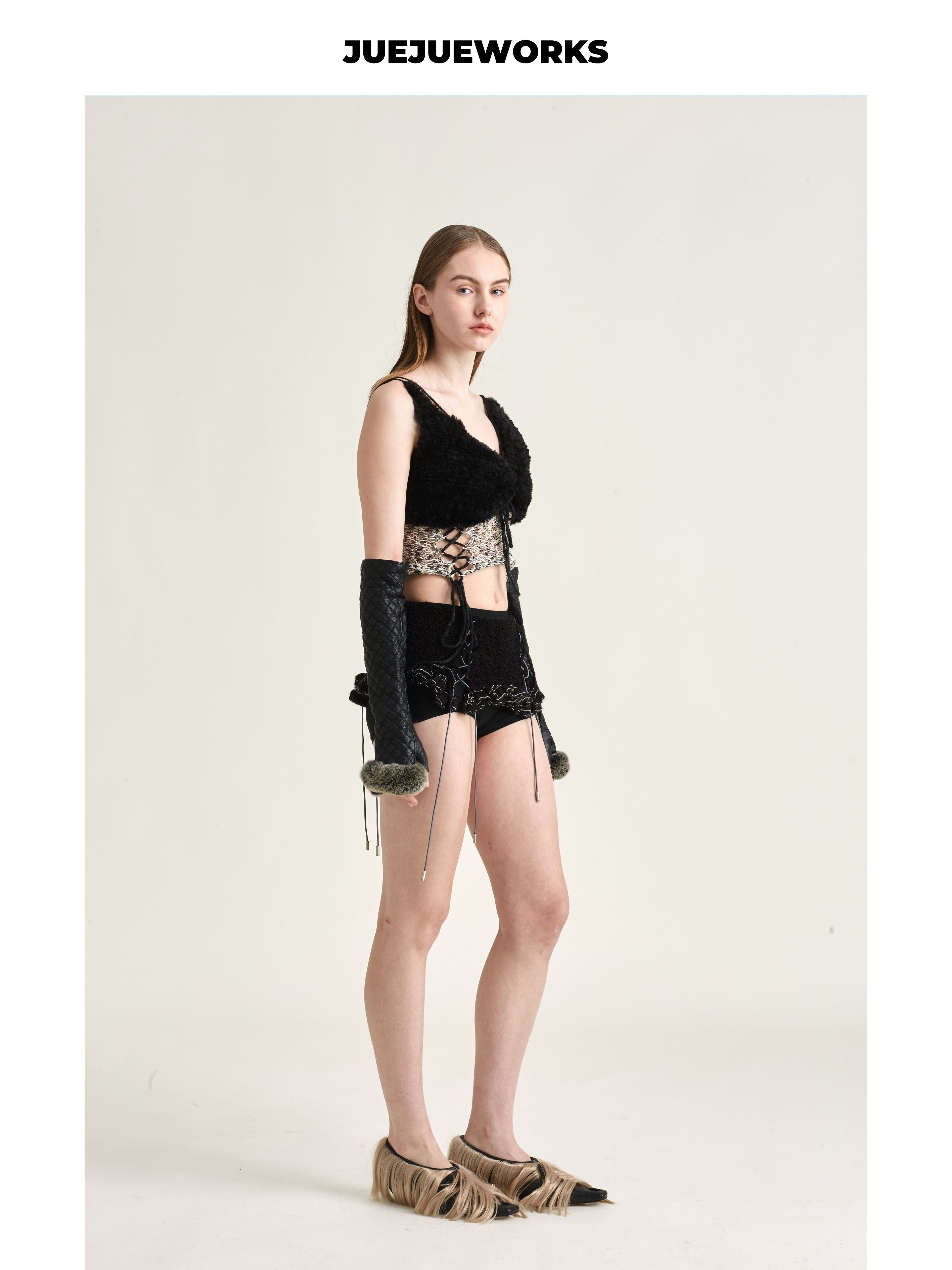 JUEJUEWORKS Black Camel Hollow Out Lace-Up Knit Cami, High Stretch Handmade Knit Crop Top, Spring New Arrival
