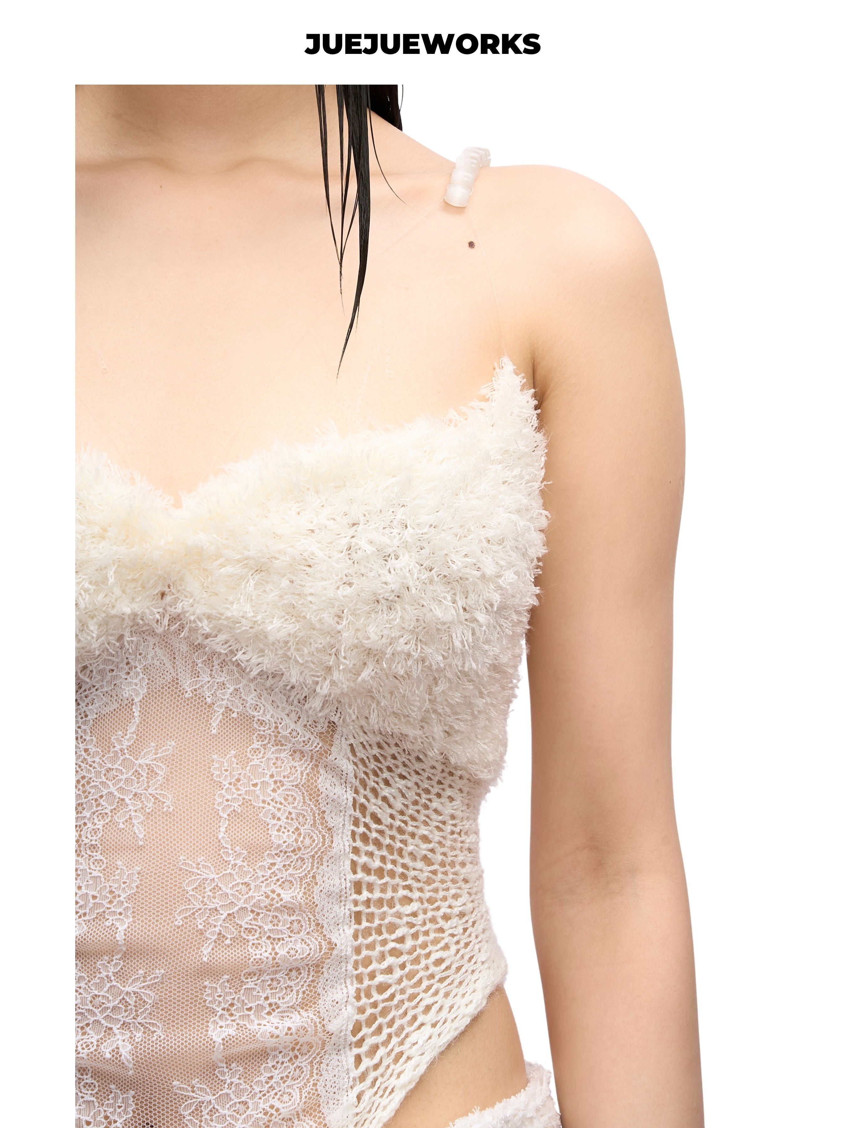 JUEJUEWORKS White Feather Knit Cami, Lace Mesh Corset High Stretch Adjustable Handmade Yarn Knit Spring Top