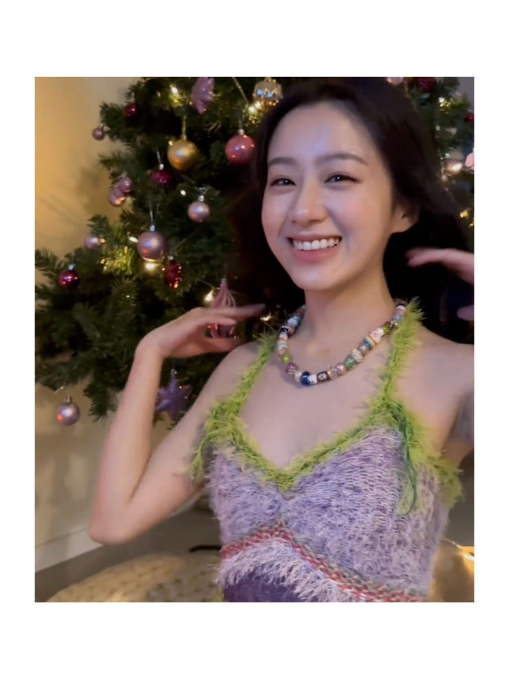 JUEJUEWORKS Green Fuzzy Fringe Trim Knit Cami, Pastel Purple Floral Textured Handmade Knit Crop Top