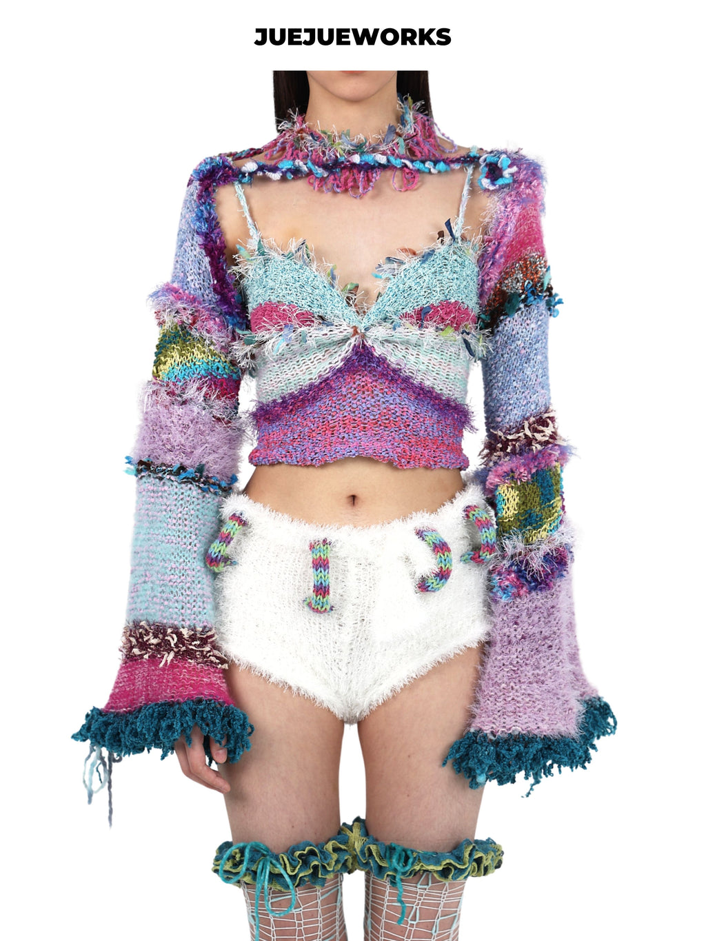 JUEJUEWORKS Blue Tassel Puff Sleeve Jacket, Original Spring High-Stretch Handmade Yarn Knit