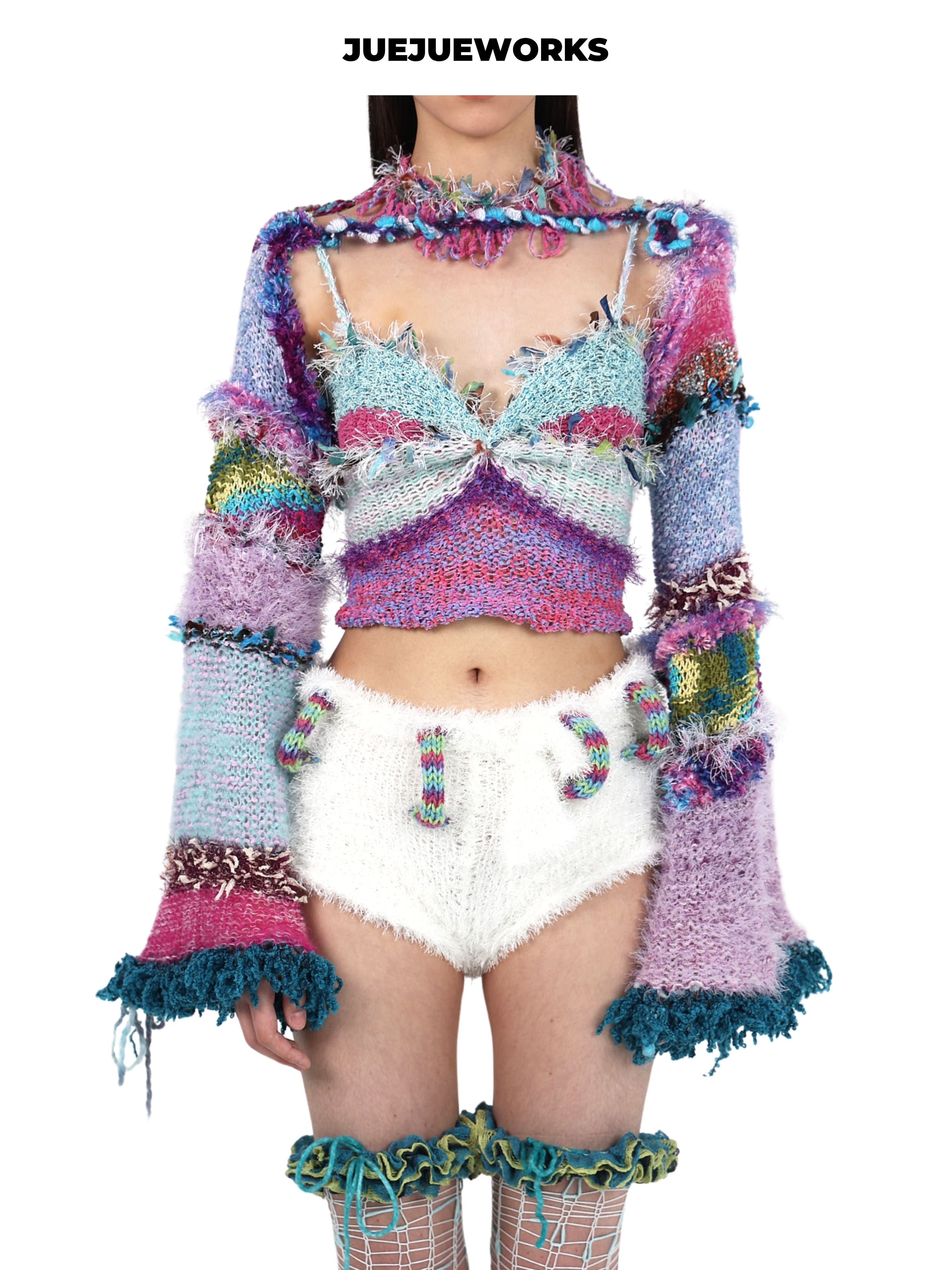 JUEJUEWORKS Blue Tassel Puff Sleeve Jacket, Original Spring High-Stretch Handmade Yarn Knit