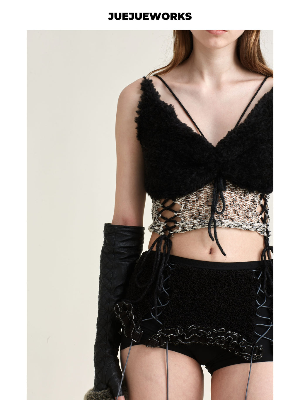 JUEJUEWORKS Black Camel Hollow Out Lace-Up Knit Cami, High Stretch Handmade Knit Crop Top, Spring New Arrival
