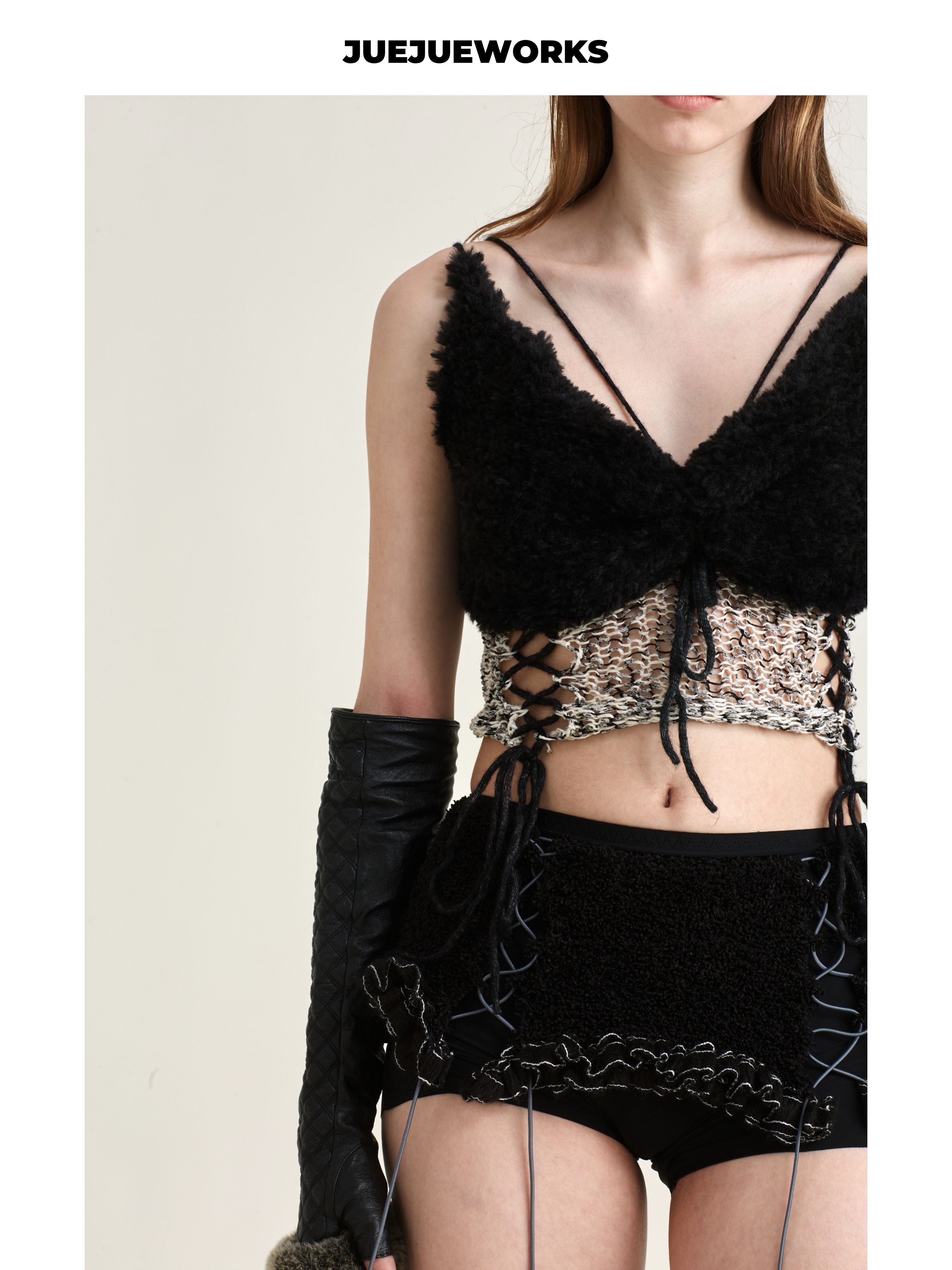 JUEJUEWORKS Black Camel Hollow Out Lace-Up Knit Cami, High Stretch Handmade Knit Crop Top, Spring New Arrival