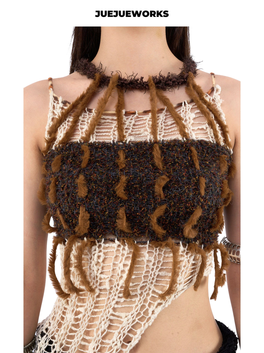 JUEJUEWORKS Chocolate Color Block Cami, Fringe Asymmetric Hem Handmade Knit Top