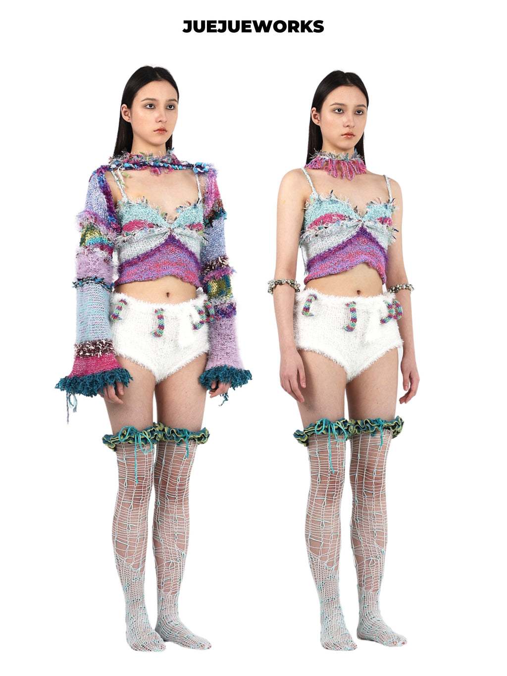 JUEJUEWORKS Blue Tassel Puff Sleeve Jacket, Original Spring High-Stretch Handmade Yarn Knit