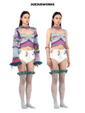 JUEJUEWORKS Blue Tassel Puff Sleeve Jacket, Original Spring High-Stretch Handmade Yarn Knit