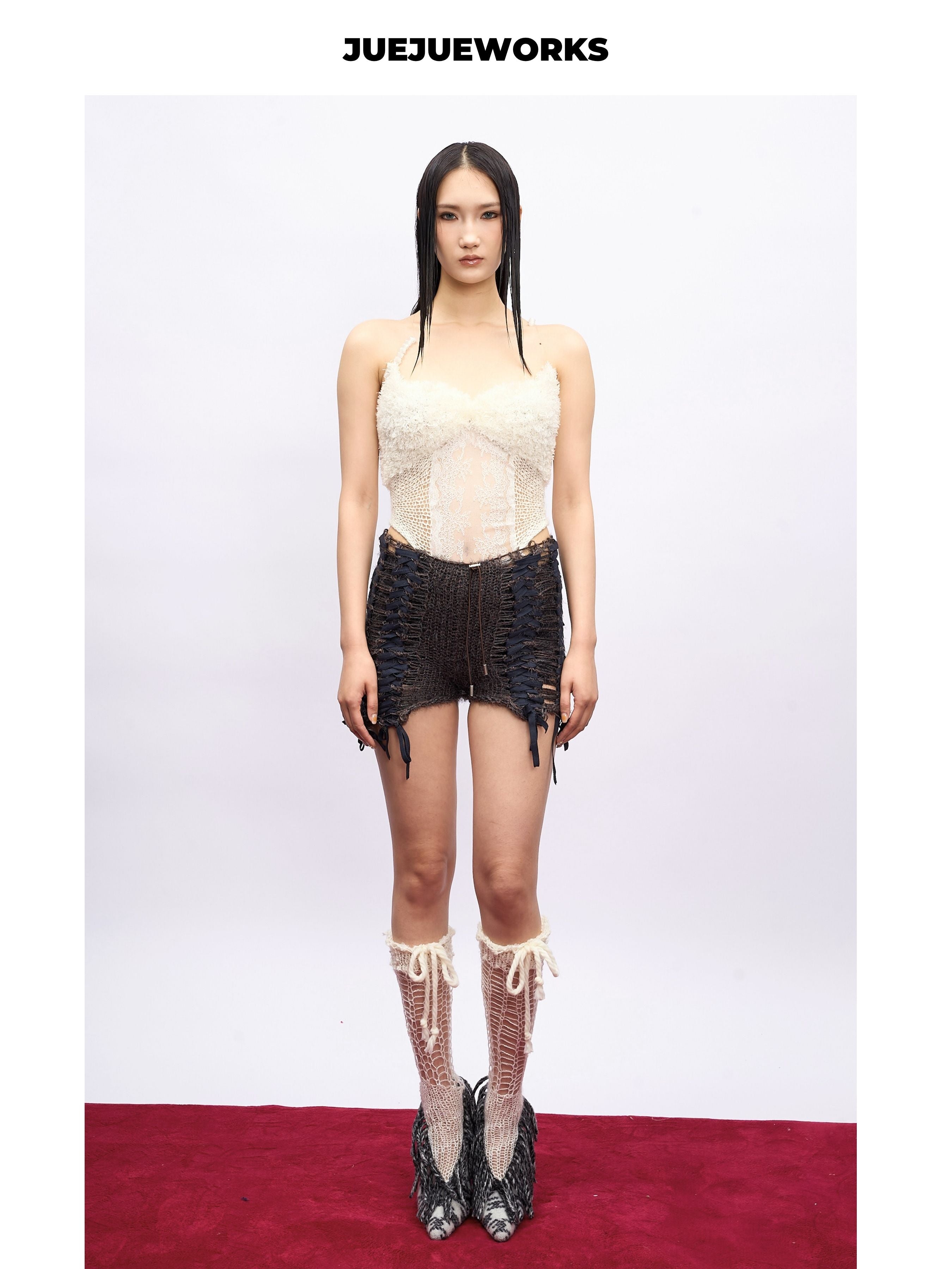 JUEJUEWORKS White Feather Knit Cami, Lace Mesh Corset High Stretch Adjustable Handmade Yarn Knit Spring Top