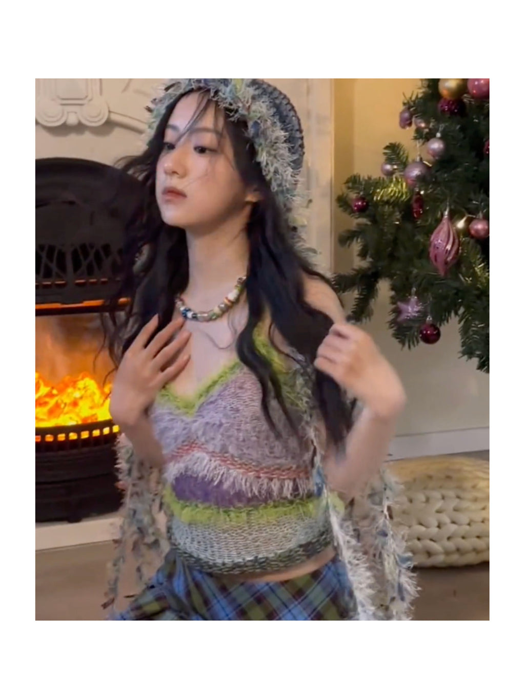 JUEJUEWORKS Green Fuzzy Fringe Trim Knit Cami, Pastel Purple Floral Textured Handmade Knit Crop Top