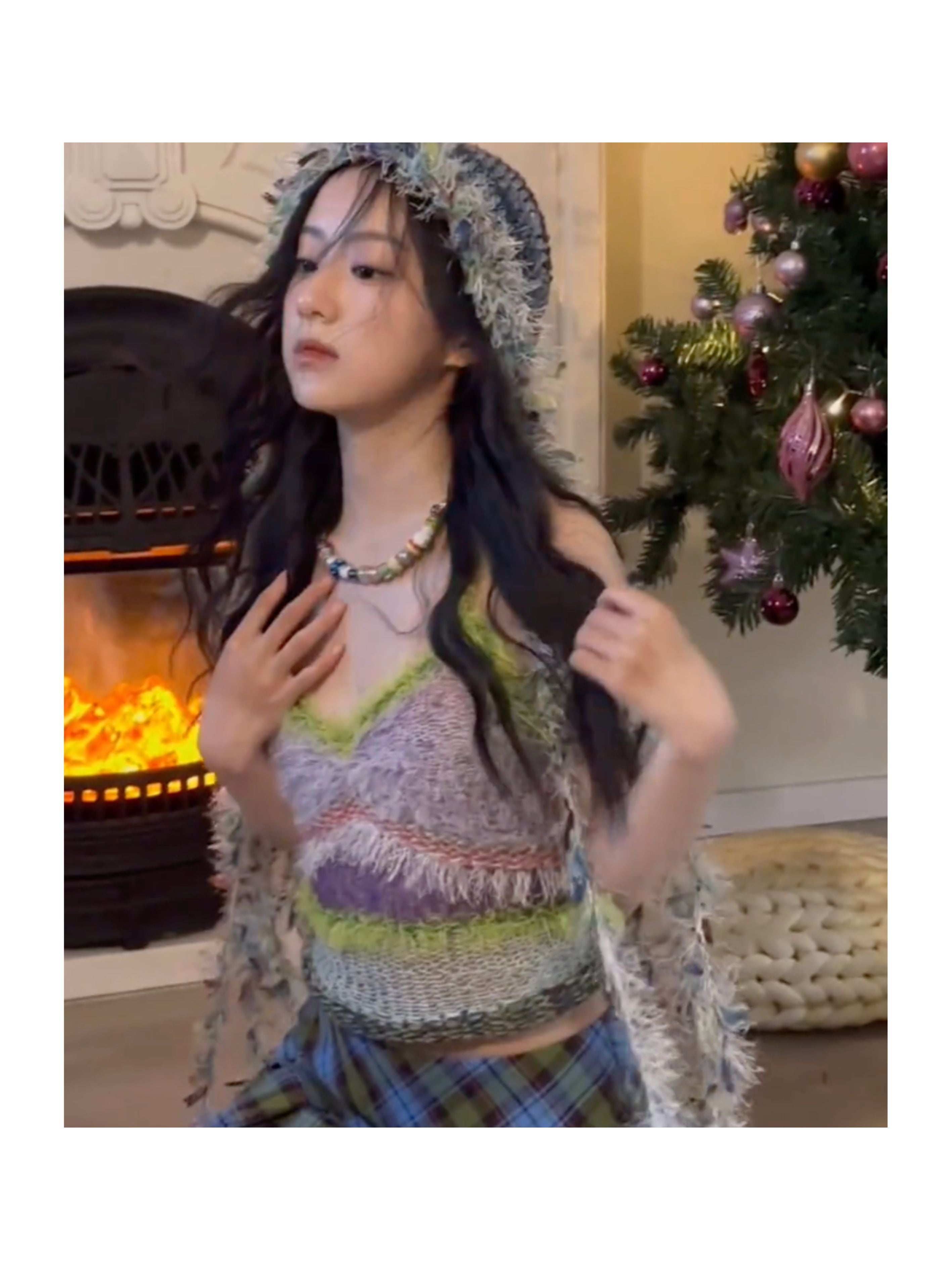 JUEJUEWORKS Green Fuzzy Fringe Trim Knit Cami, Pastel Purple Floral Textured Handmade Knit Crop Top
