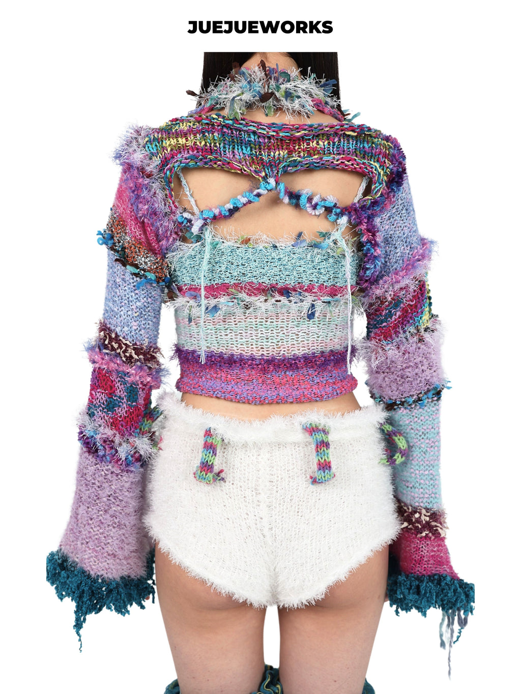 JUEJUEWORKS Blue Tassel Puff Sleeve Jacket, Original Spring High-Stretch Handmade Yarn Knit