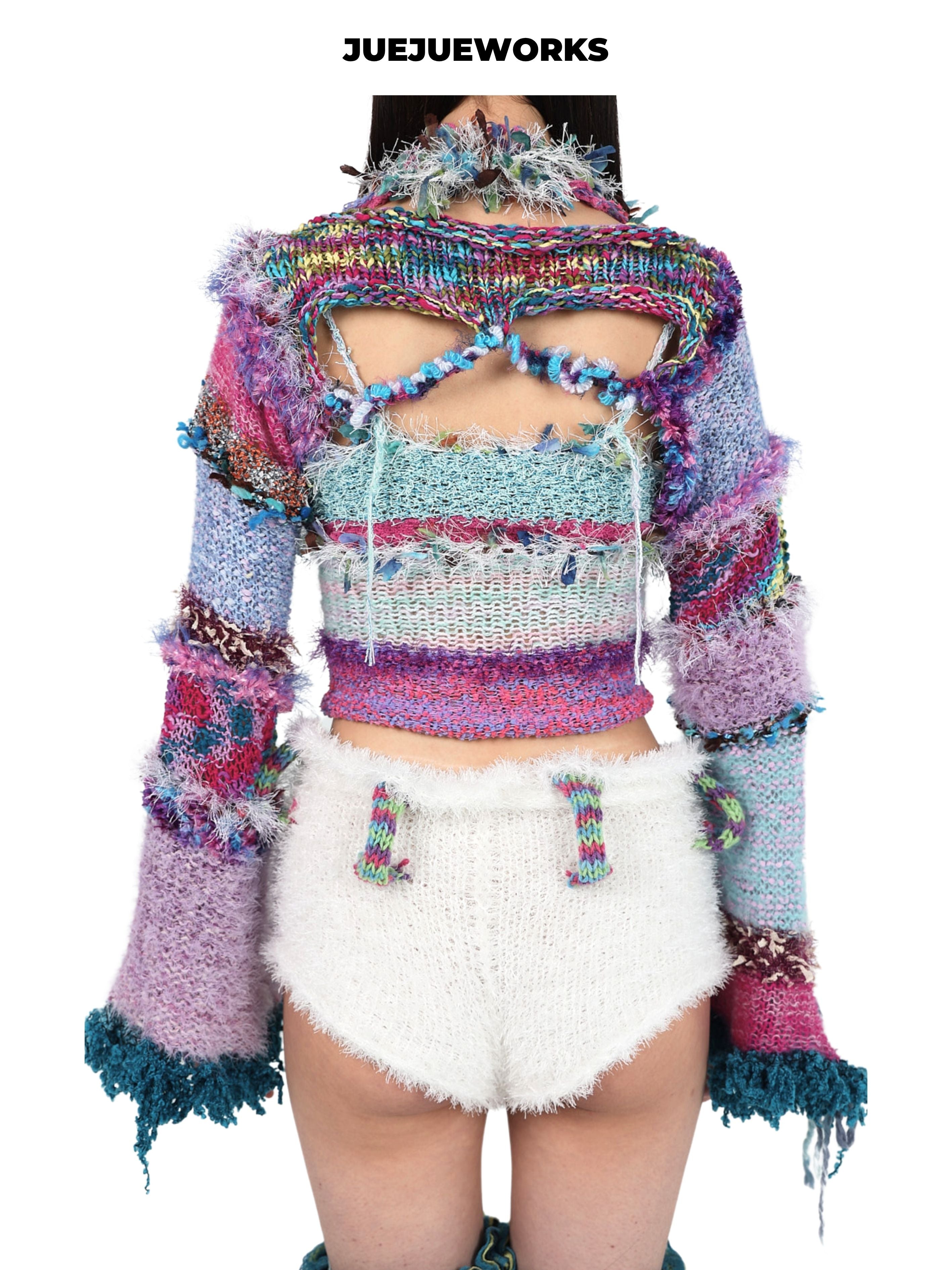 JUEJUEWORKS Blue Tassel Puff Sleeve Jacket, Original Spring High-Stretch Handmade Yarn Knit