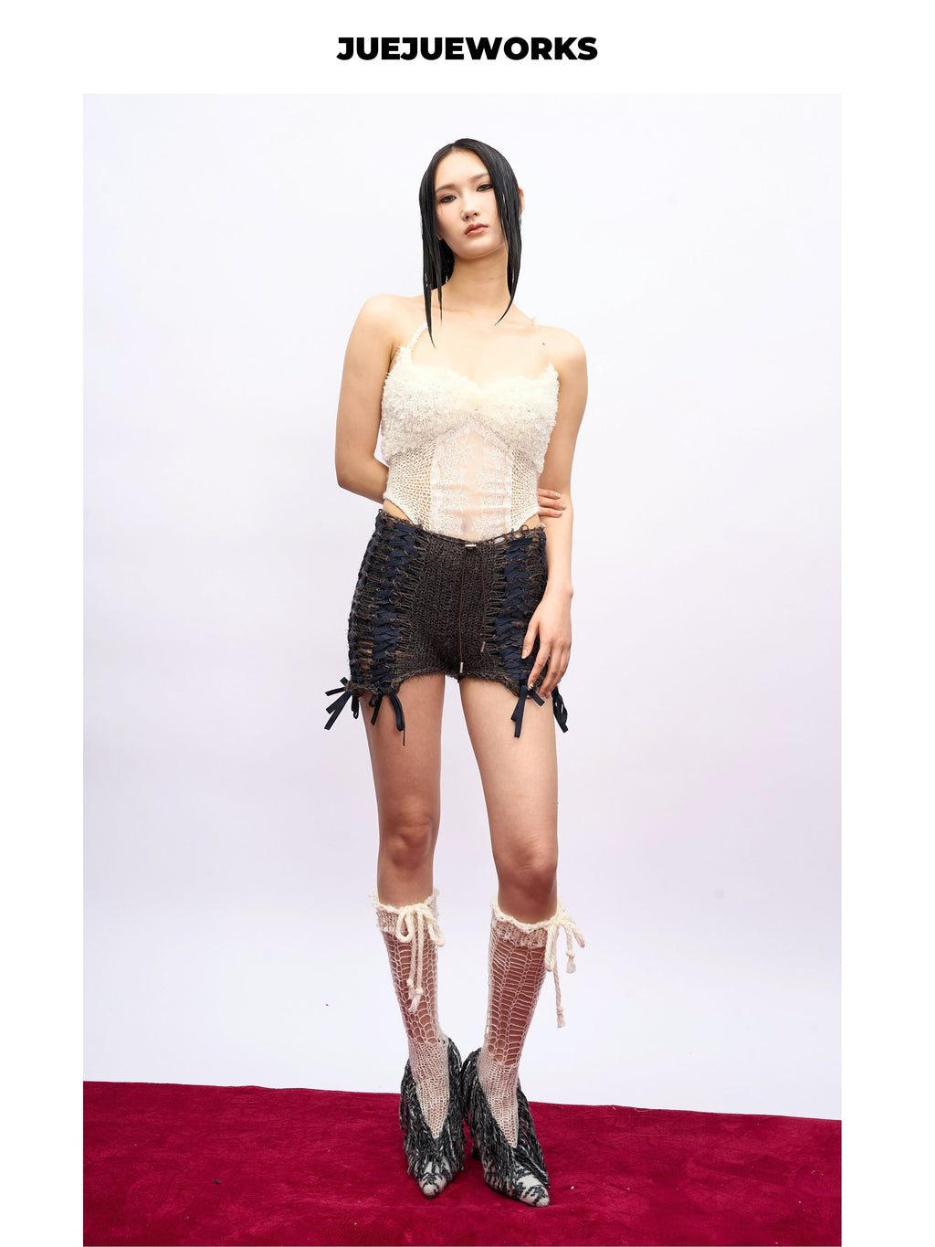 JUEJUEWORKS White Feather Knit Cami, Lace Mesh Corset High Stretch Adjustable Handmade Yarn Knit Spring Top