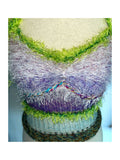 JUEJUEWORKS Green Fuzzy Fringe Trim Knit Cami, Pastel Purple Floral Textured Handmade Knit Crop Top