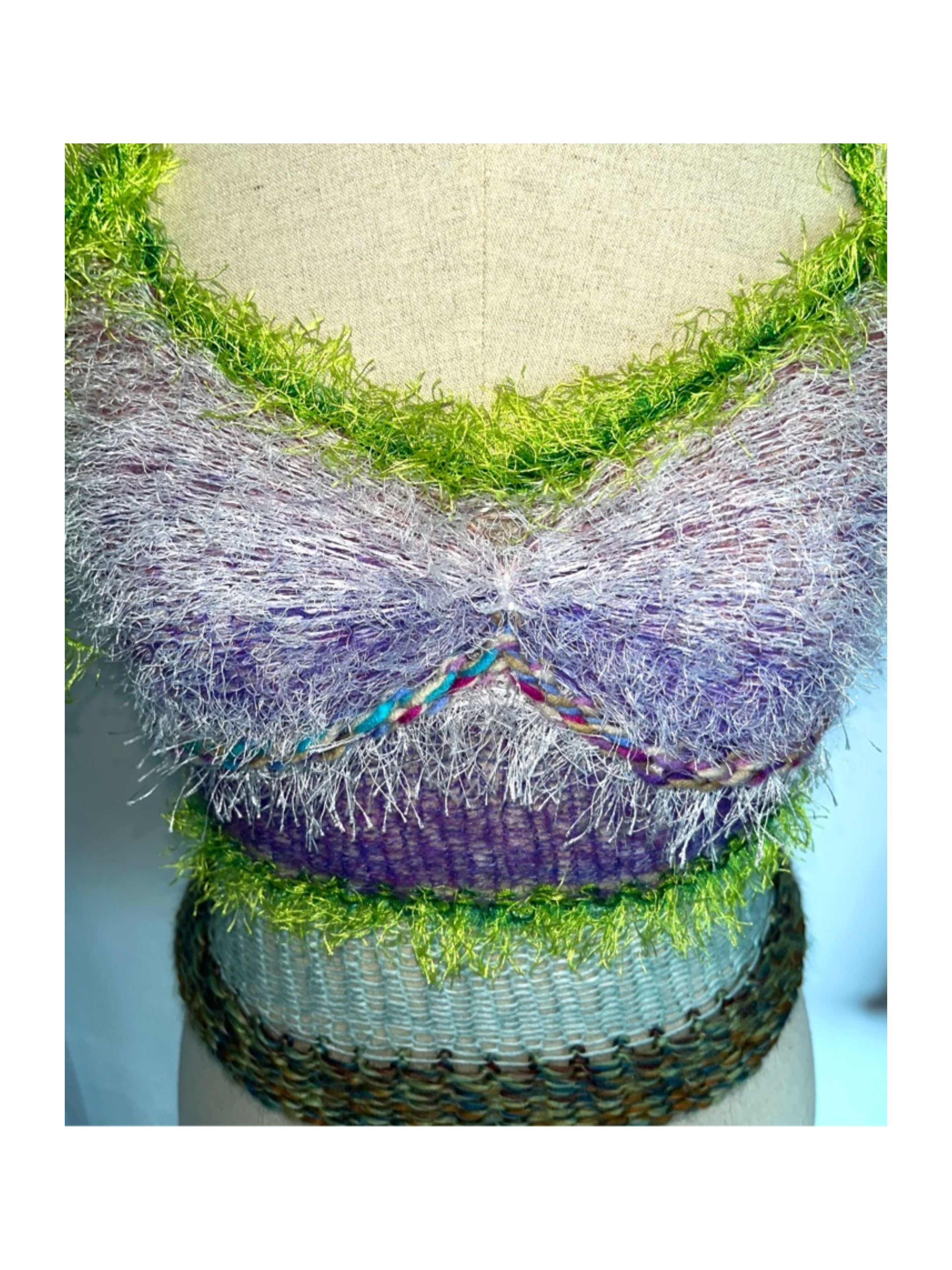 JUEJUEWORKS Green Fuzzy Fringe Trim Knit Cami, Pastel Purple Floral Textured Handmade Knit Crop Top