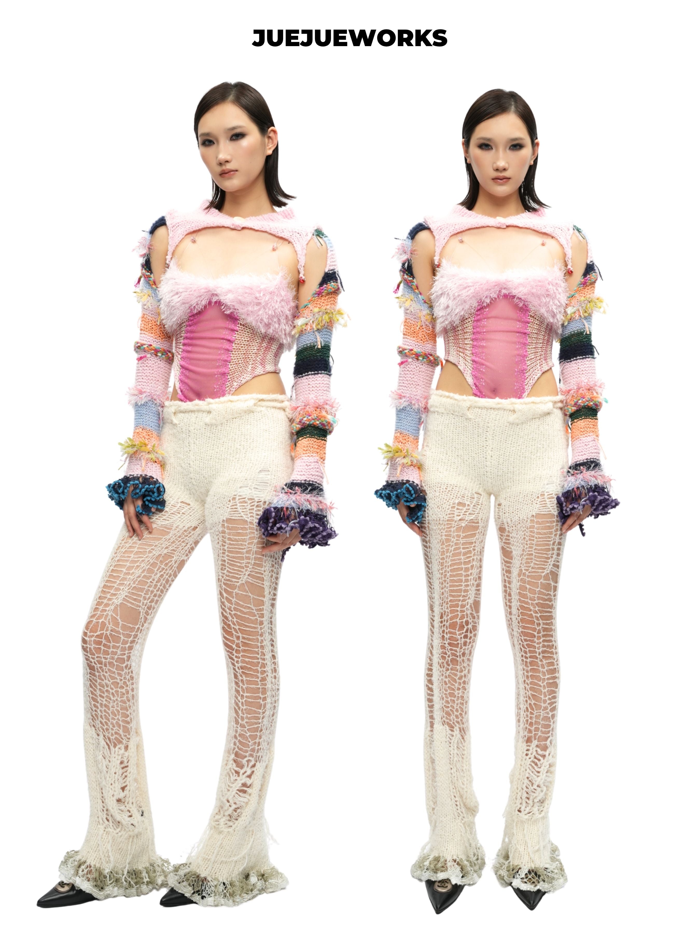 JUEJUEWORKS Pink Beaded Oversized Sleeve Knit Jacket, Original Spring High-Stretch Handmade Yarn Knit Outerwear