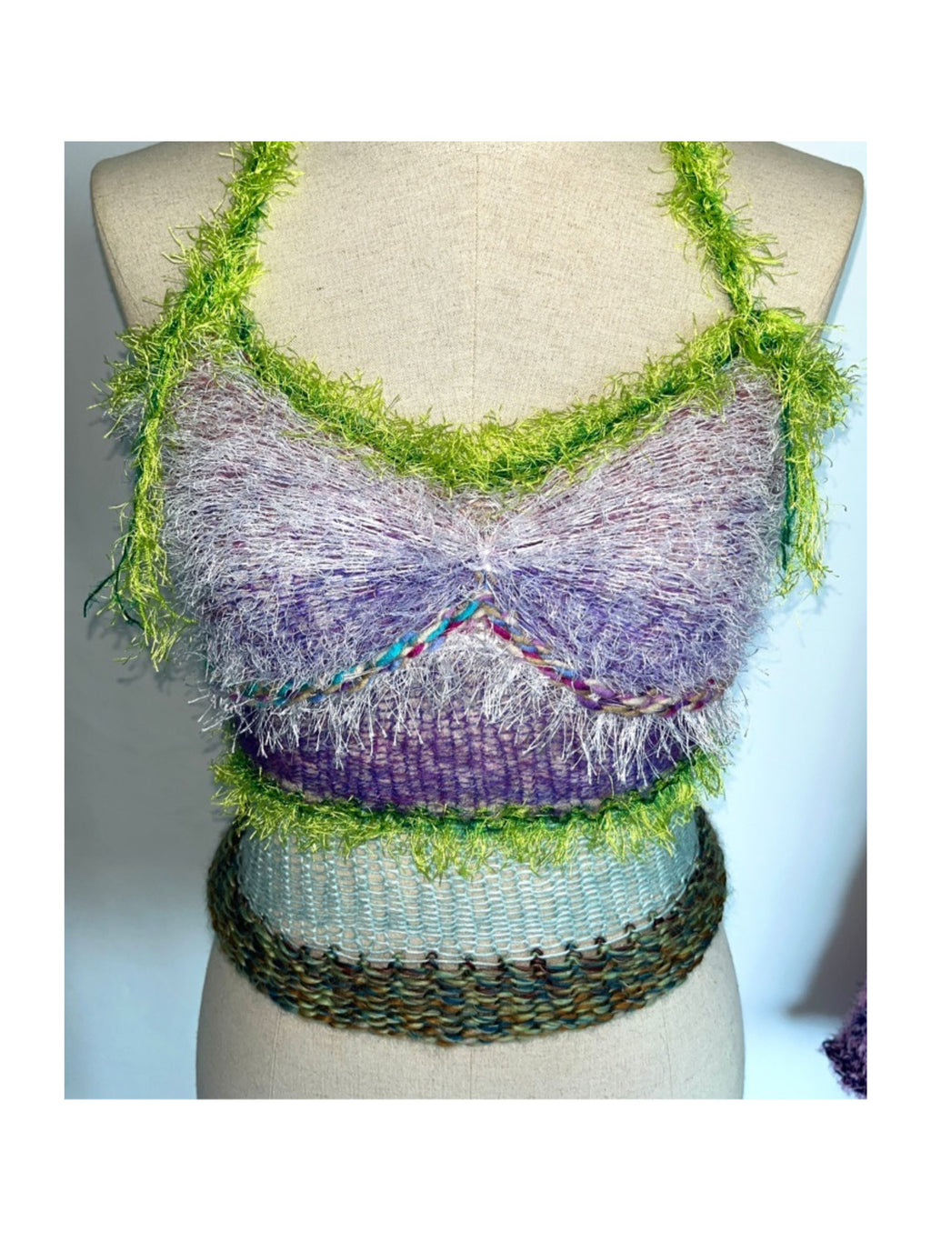 JUEJUEWORKS Green Fuzzy Fringe Trim Knit Cami, Pastel Purple Floral Textured Handmade Knit Crop Top