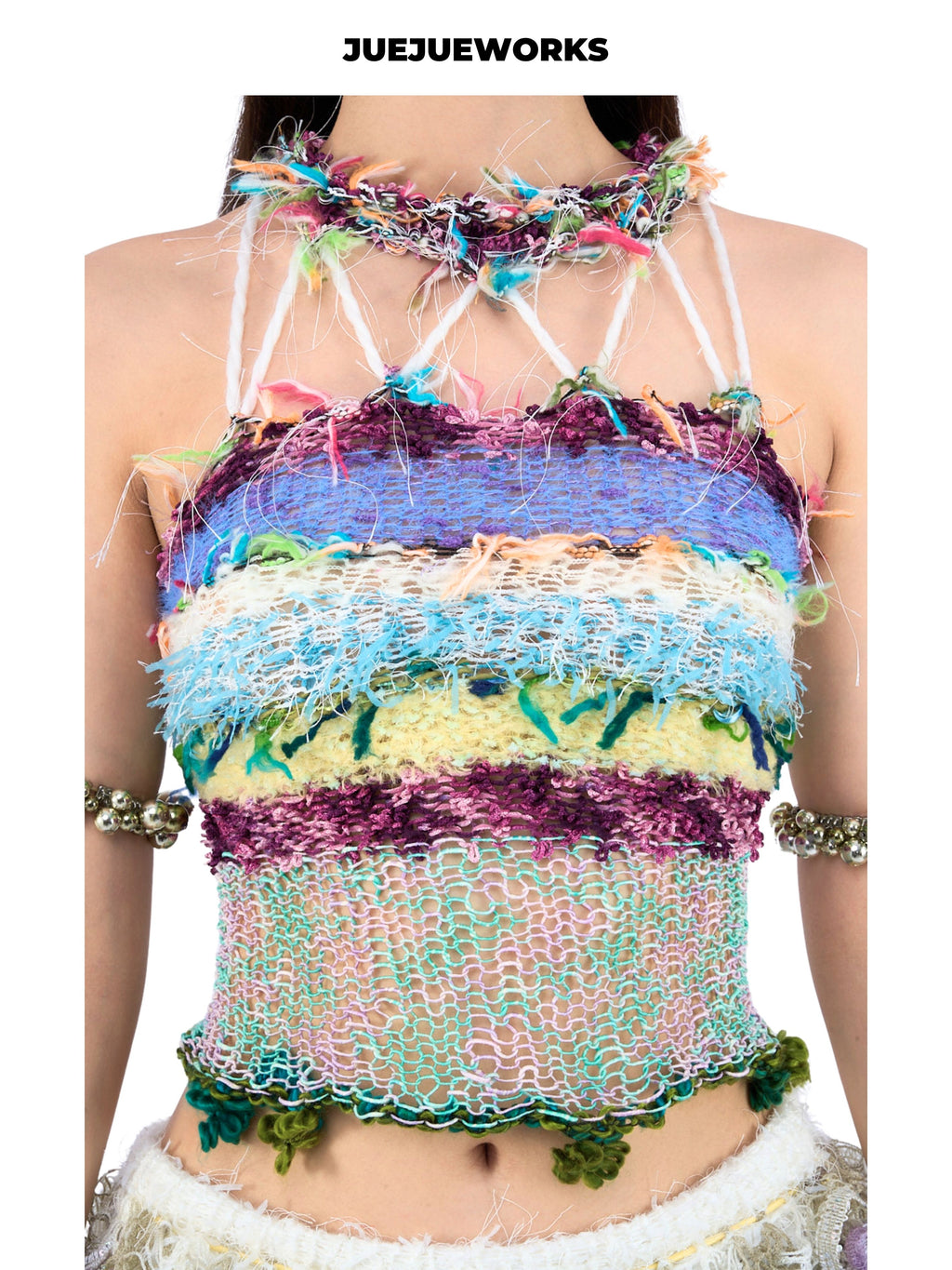 JUEJUEWORKS Multicolor Blue Green Halter Cami, High Stretch Breathable Slim Fit Handmade Yarn Knit