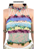 JUEJUEWORKS Multicolor Blue Green Halter Cami, High Stretch Breathable Slim Fit Handmade Yarn Knit