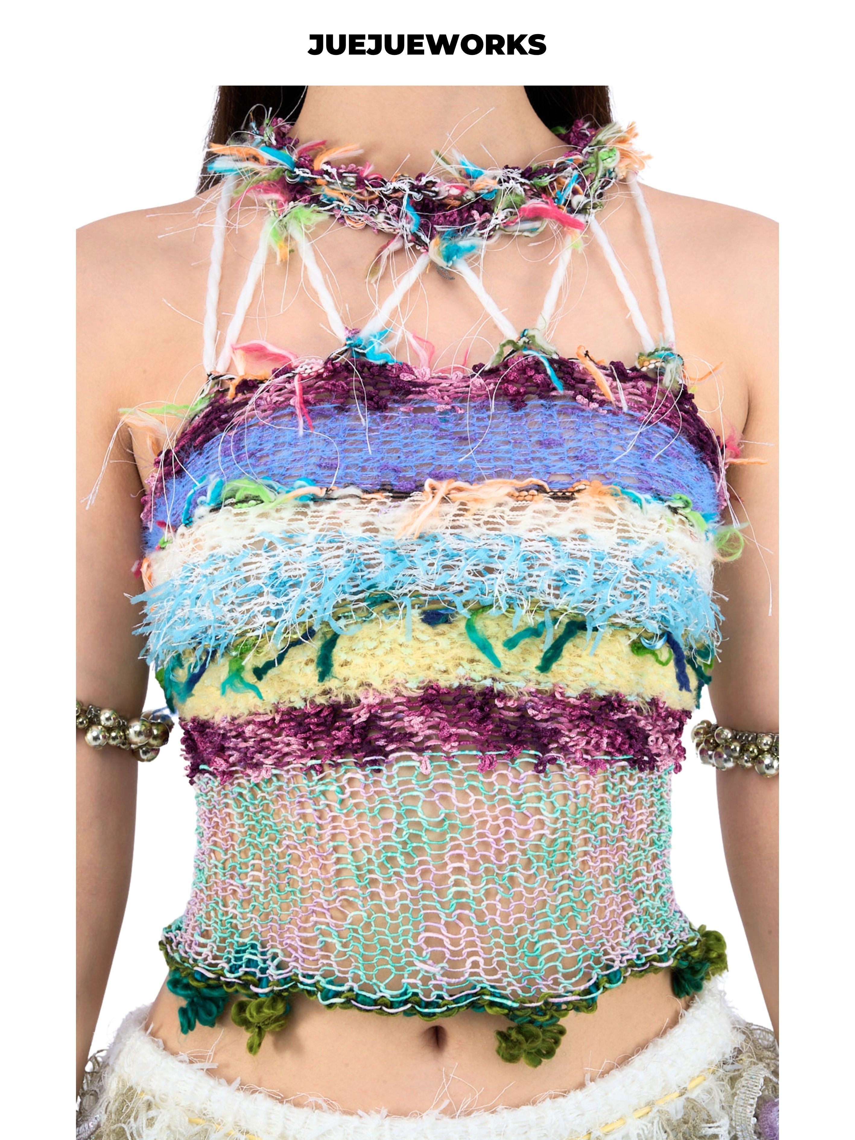 JUEJUEWORKS Multicolor Blue Green Halter Cami, High Stretch Breathable Slim Fit Handmade Yarn Knit