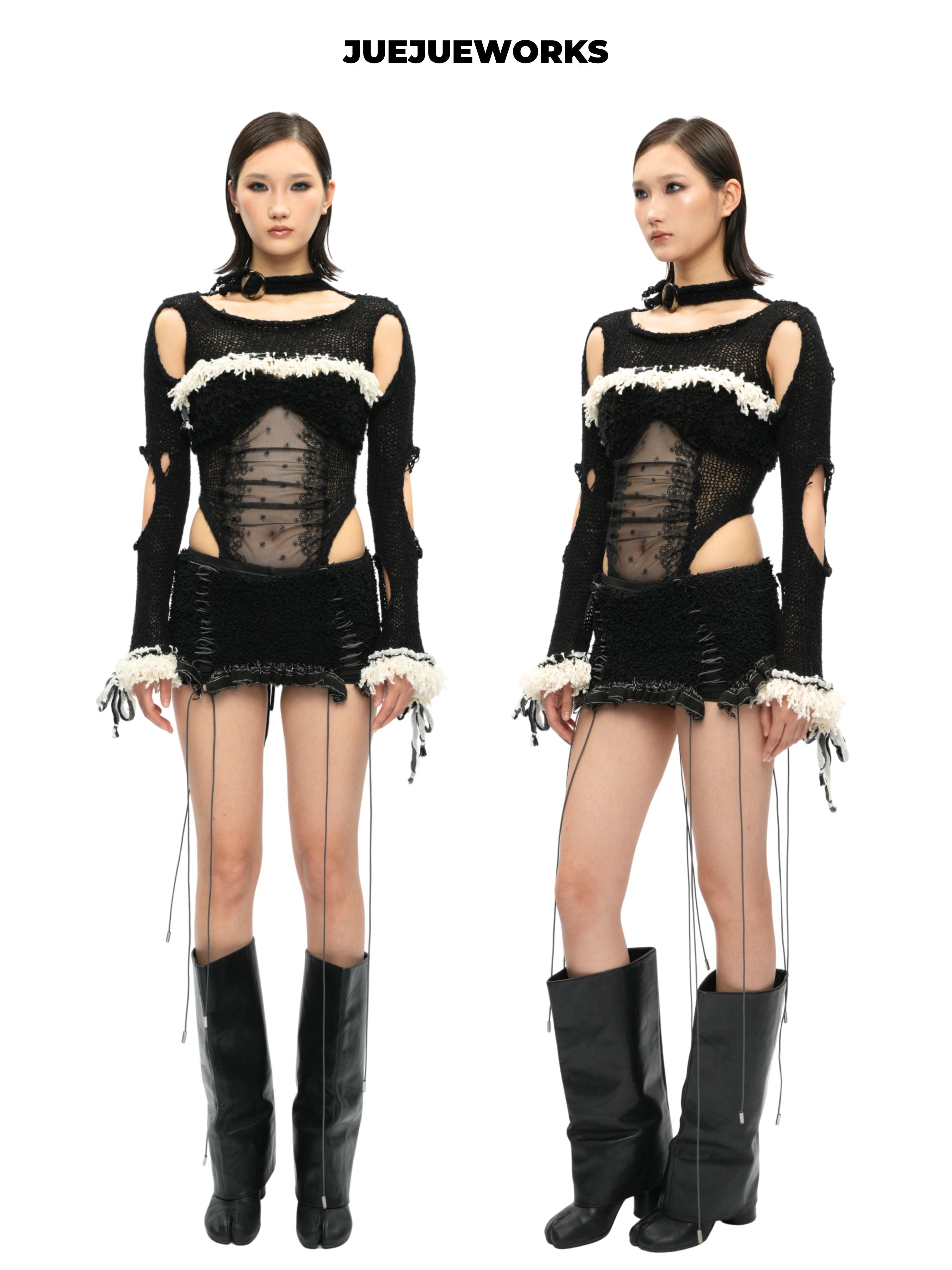 JUEJUEWORKS Black Asymmetric Long Sleeve Top, Original High-Stretch Handmade Yarn Knit Jacket