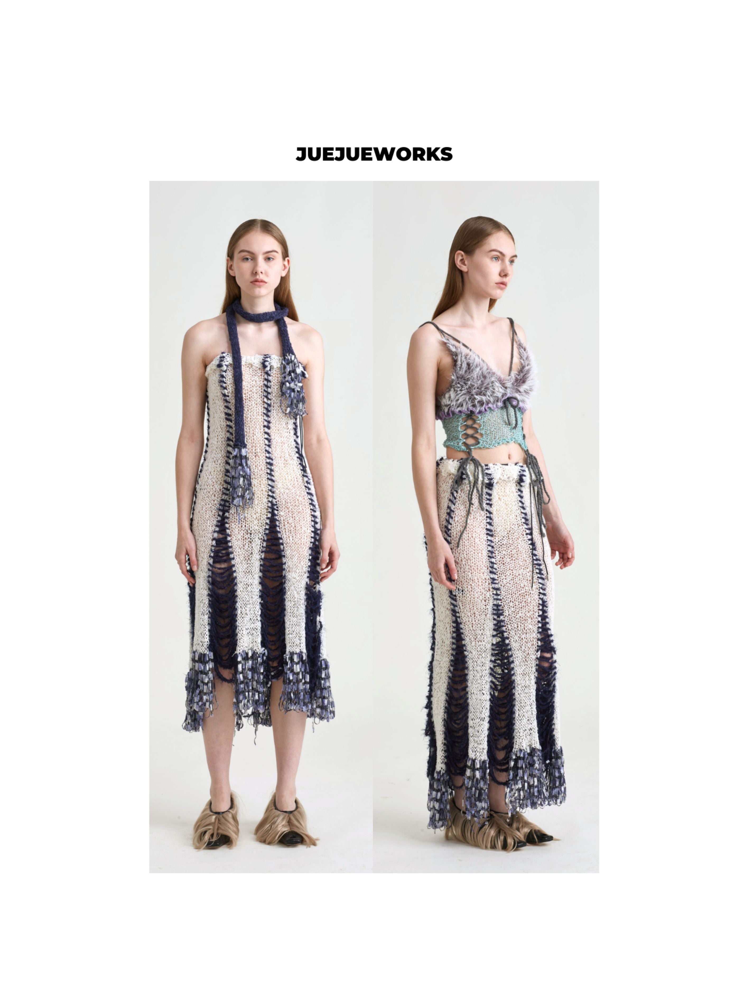JUEJUEWORKS Convertible Knit White Midi Dress with Detachable Scarf, Patchwork Hollow Out Handmade Knit Multi-Wear Skirt