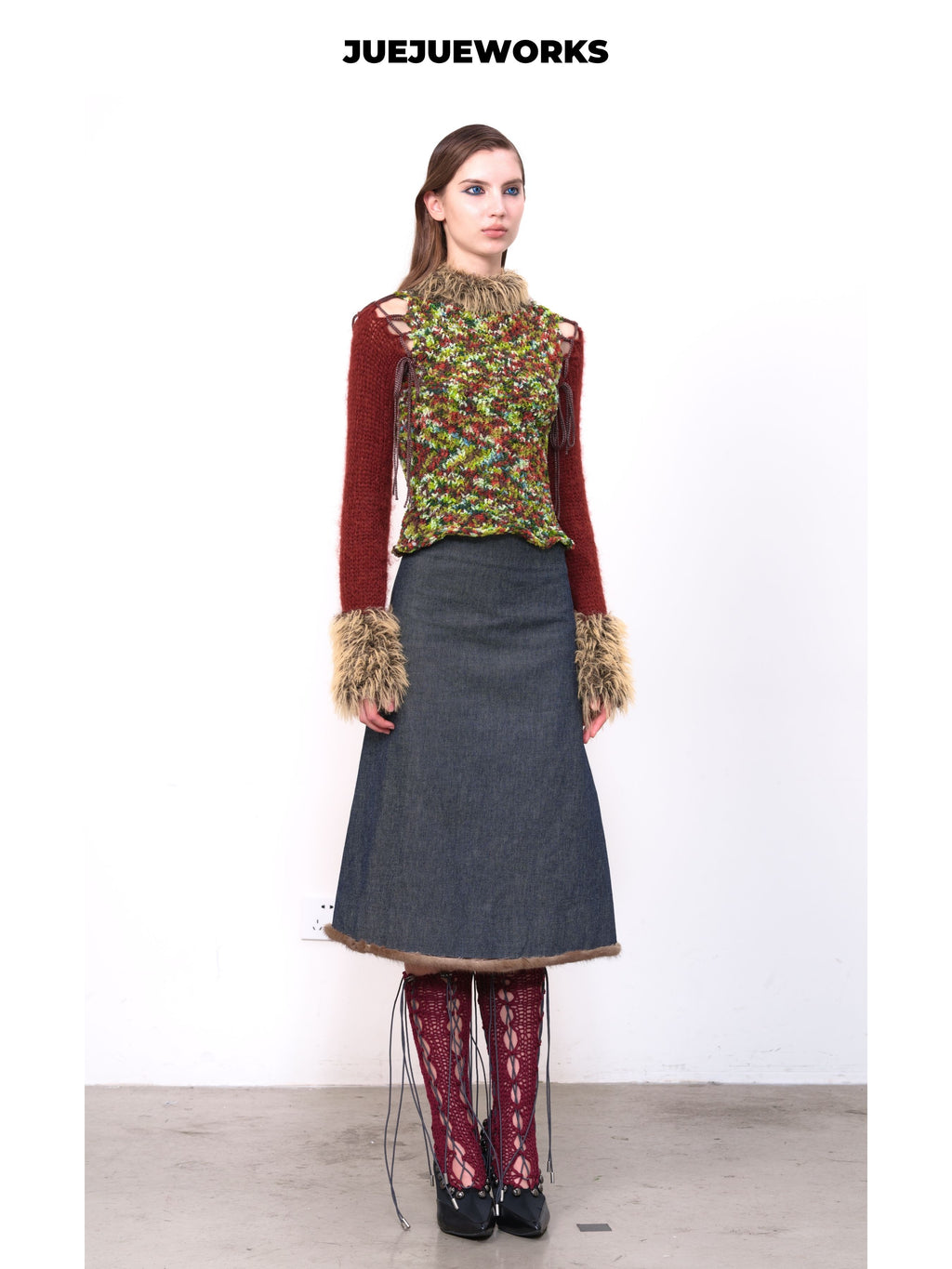 JUEJUEWORKS Christmas Color Block Knit Sweater, Furry Collar Cutout Shoulder Slim Fit High Stretch Handmade Knit Top