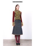 JUEJUEWORKS Christmas Color Block Knit Sweater, Furry Collar Cutout Shoulder Slim Fit High Stretch Handmade Knit Top