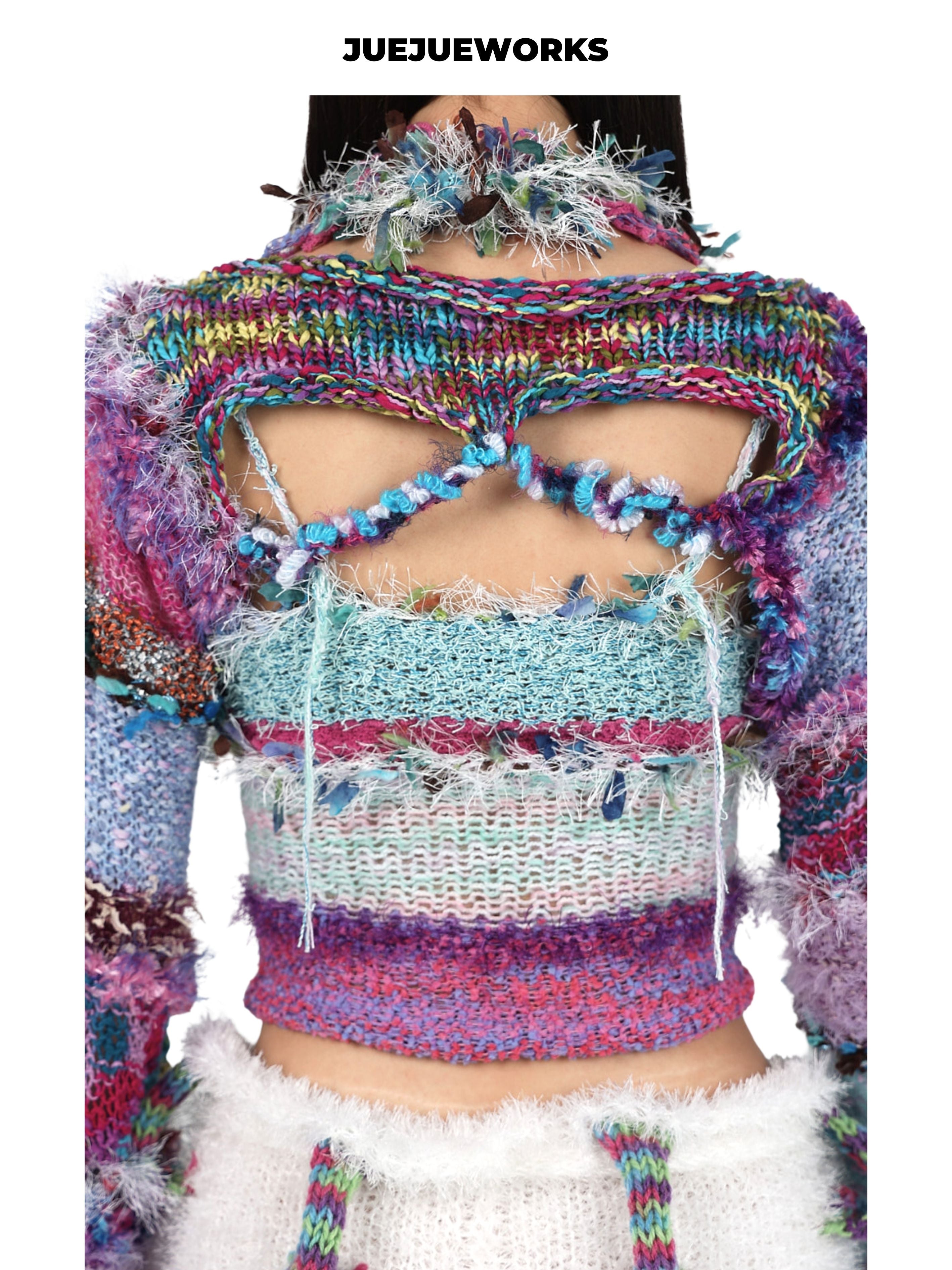 JUEJUEWORKS Blue Tassel Puff Sleeve Jacket, Original Spring High-Stretch Handmade Yarn Knit