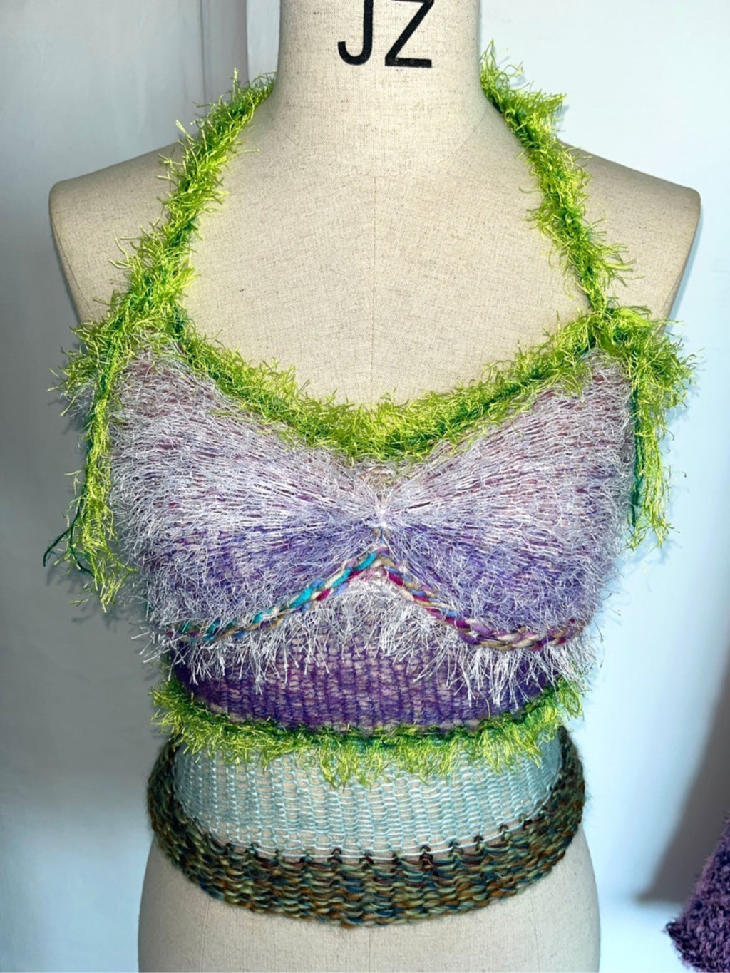 JUEJUEWORKS Green Fuzzy Fringe Trim Knit Cami, Pastel Purple Floral Textured Handmade Knit Crop Top