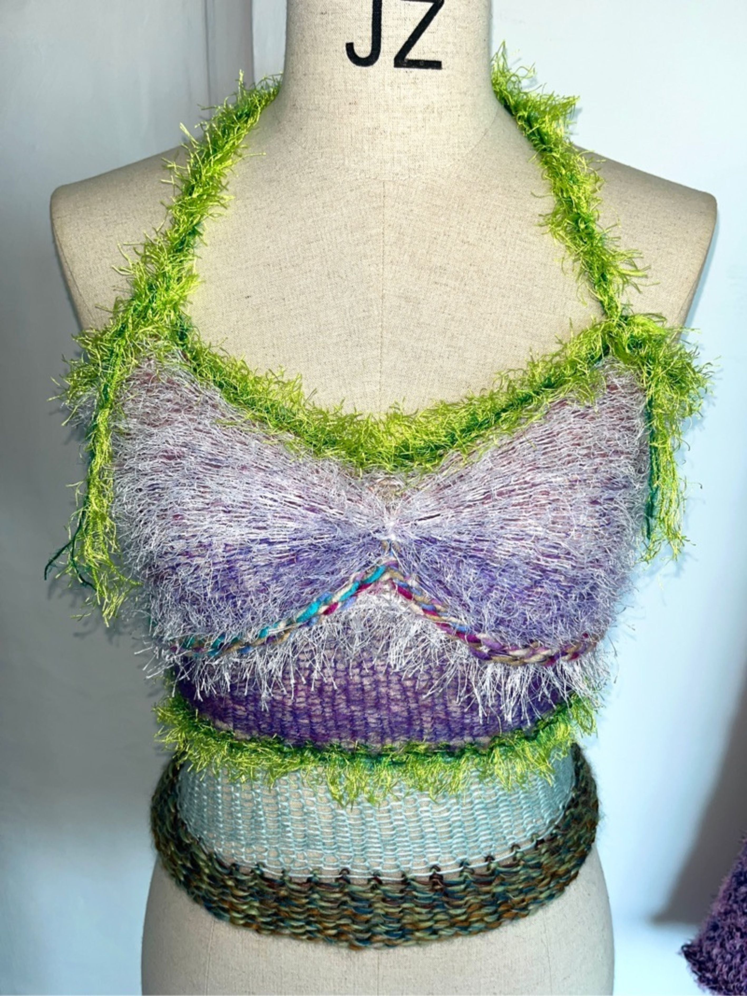JUEJUEWORKS Green Fuzzy Fringe Trim Knit Cami, Pastel Purple Floral Textured Handmade Knit Crop Top