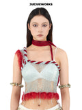 JUEJUEWORKS Blue Red Rambutan Asymmetric Cami, Original High Stretch Handmade Yarn Knit Top