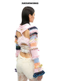 JUEJUEWORKS Pink Beaded Oversized Sleeve Knit Jacket, Original Spring High-Stretch Handmade Yarn Knit Outerwear