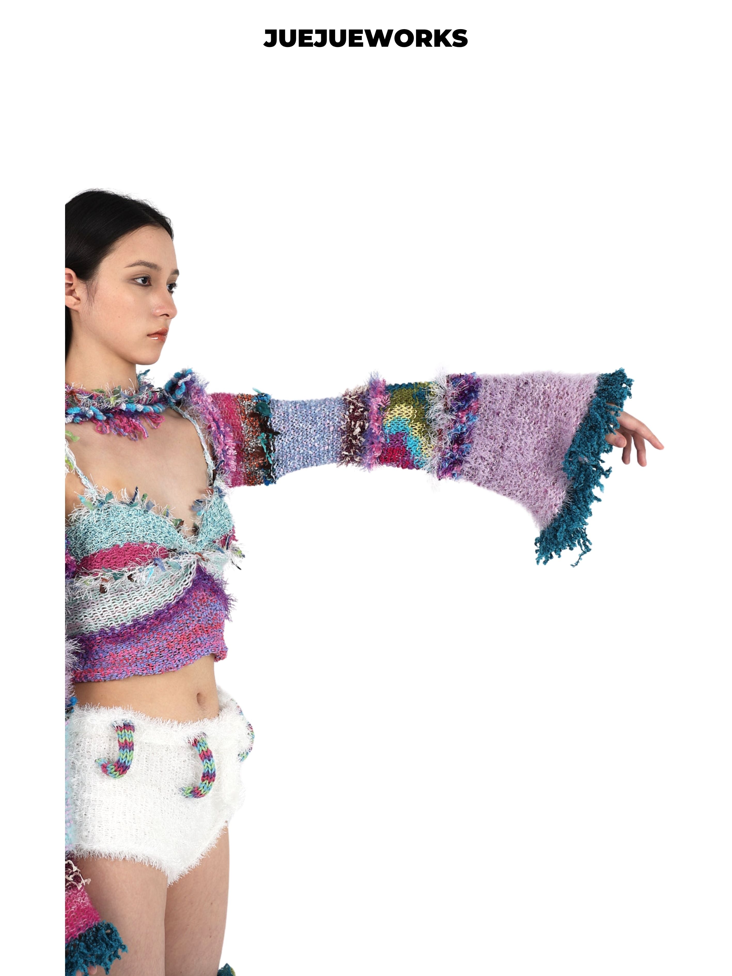 JUEJUEWORKS Blue Tassel Puff Sleeve Jacket, Original Spring High-Stretch Handmade Yarn Knit