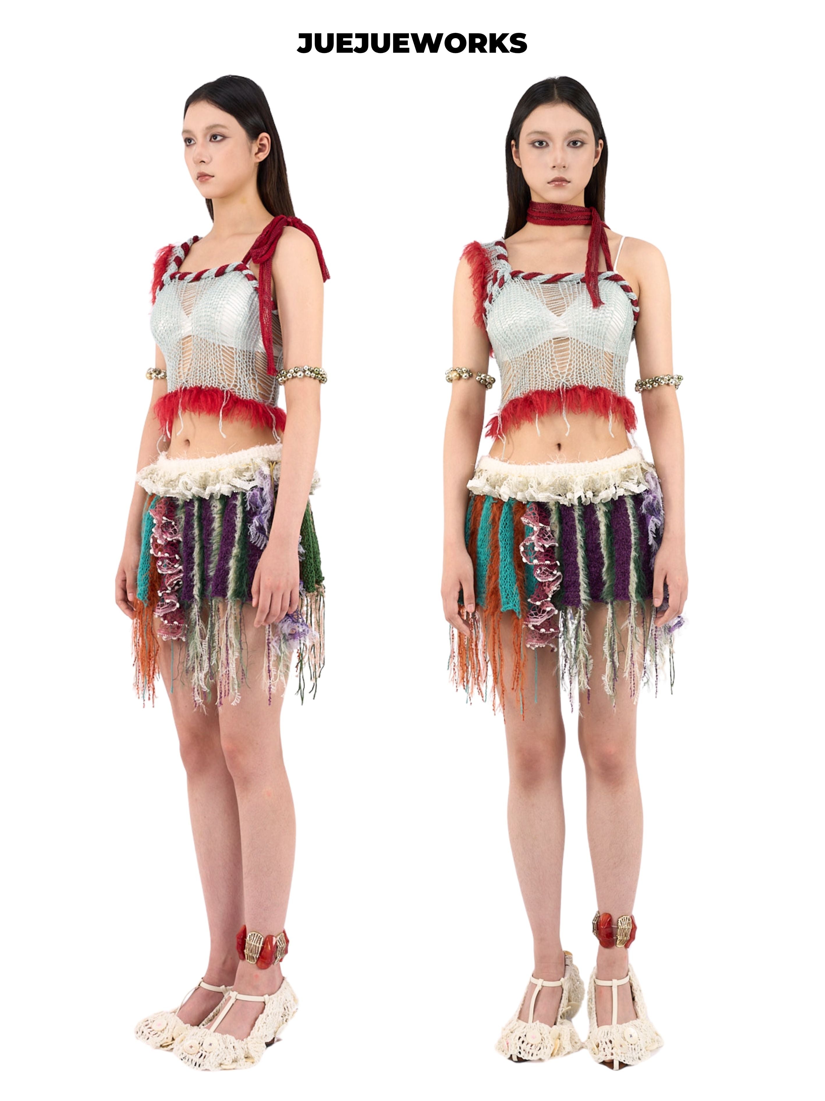 JUEJUEWORKS Blue Red Rambutan Asymmetric Cami, Original High Stretch Handmade Yarn Knit Top