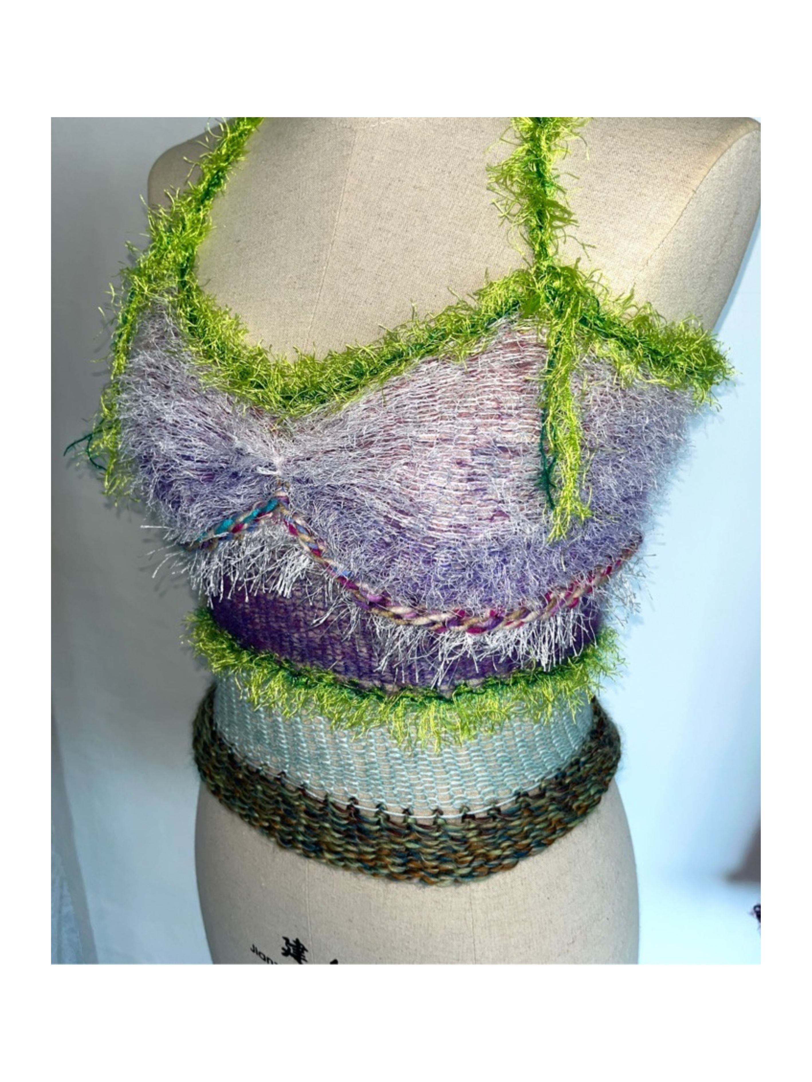 JUEJUEWORKS Green Fuzzy Fringe Trim Knit Cami, Pastel Purple Floral Textured Handmade Knit Crop Top