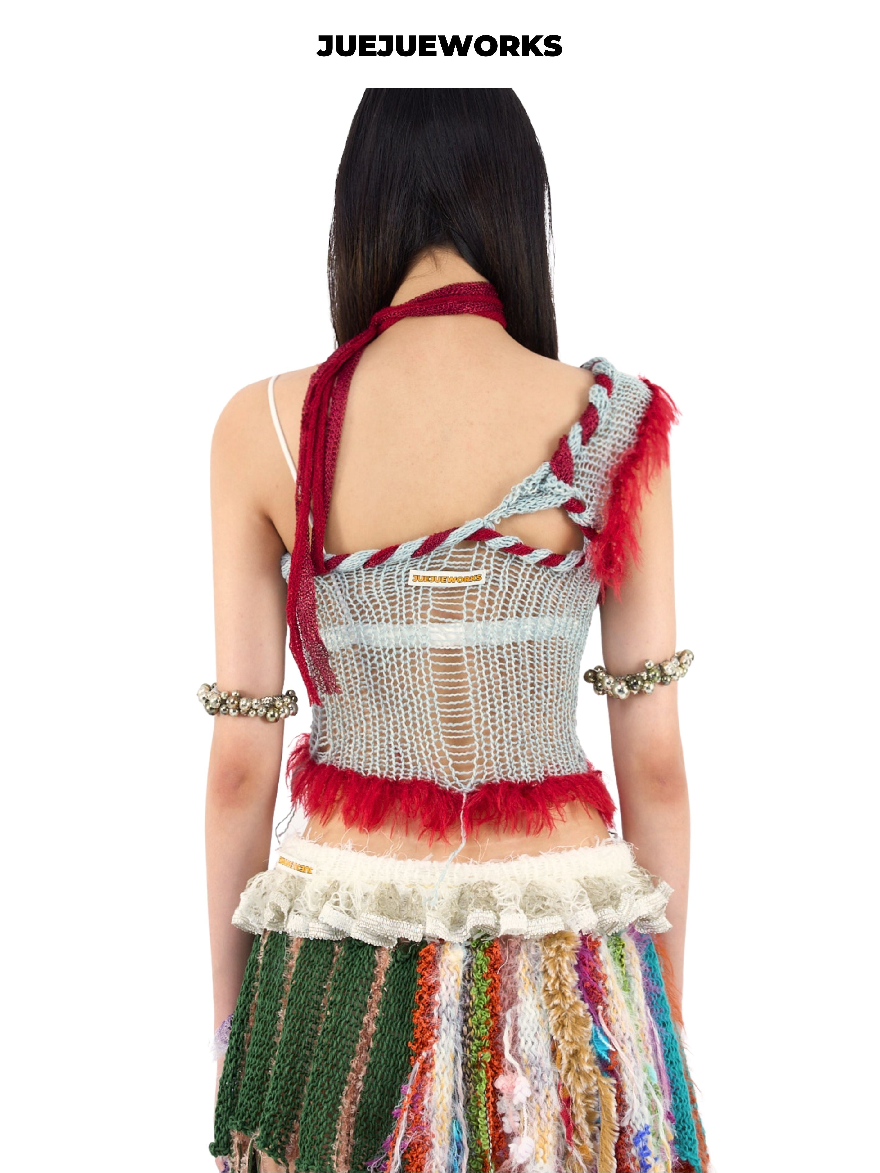 JUEJUEWORKS Blue Red Rambutan Asymmetric Cami, Original High Stretch Handmade Yarn Knit Top