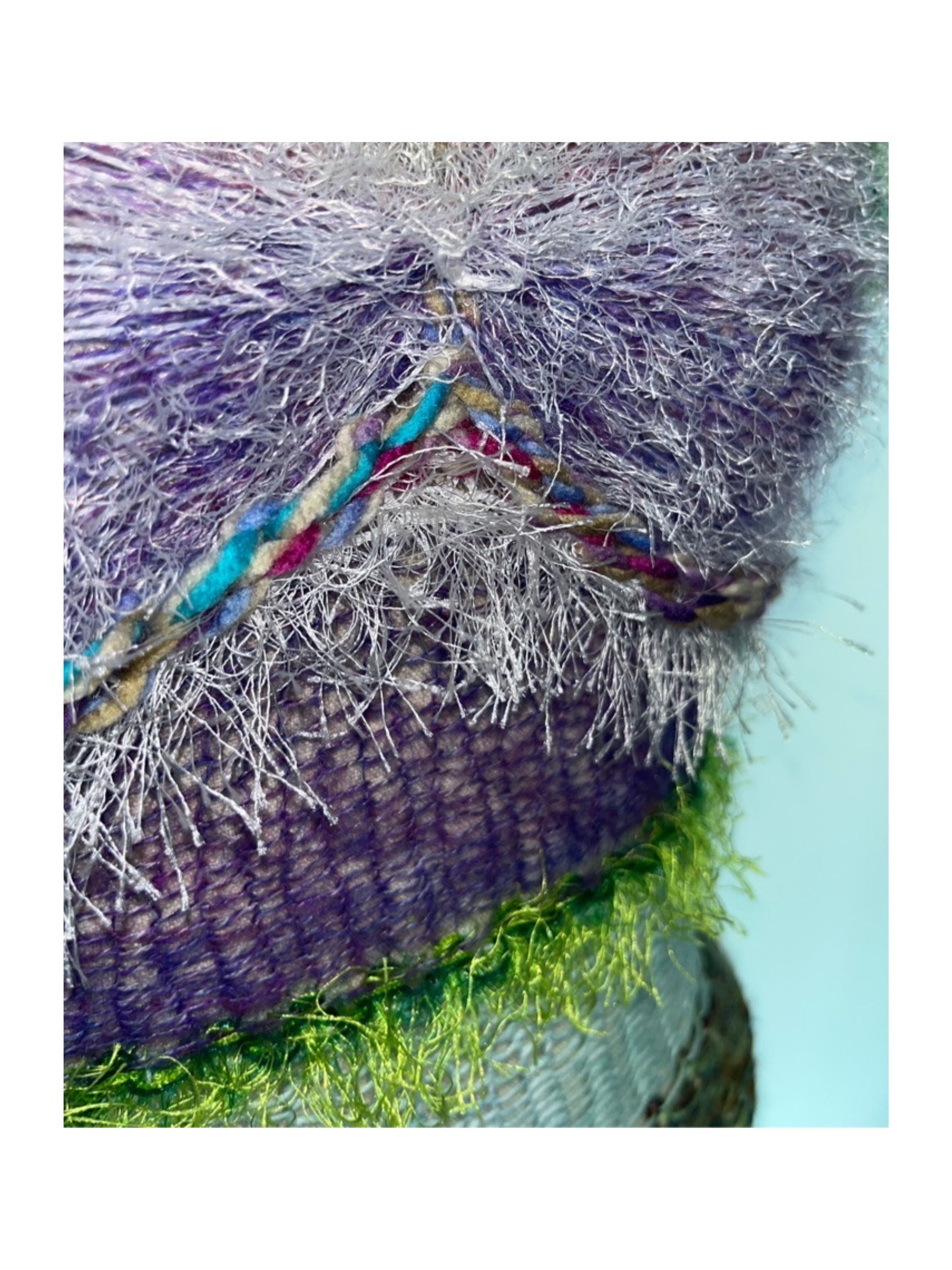 JUEJUEWORKS Green Fuzzy Fringe Trim Knit Cami, Pastel Purple Floral Textured Handmade Knit Crop Top