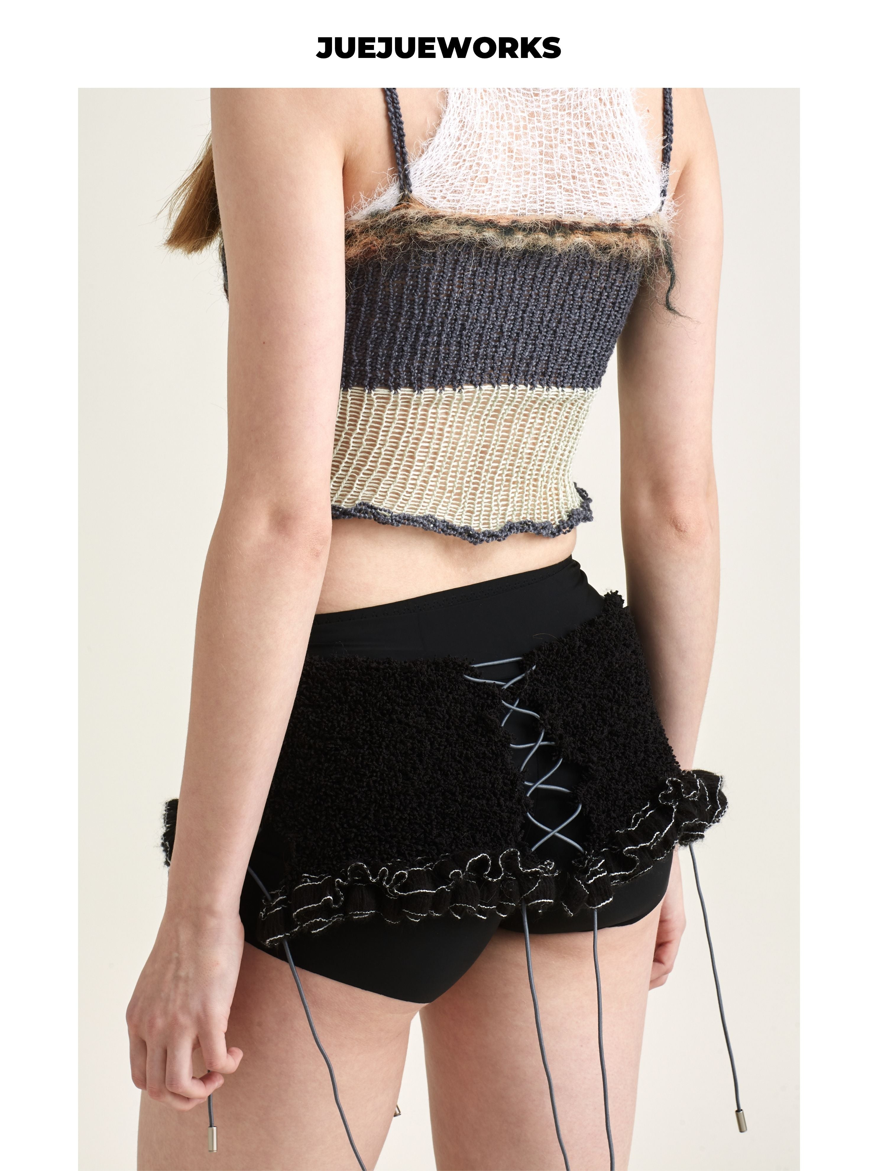 JUEJUEWORKS Black Knit Waist Cincher, Original Spring Outfit Inspo High-Stretch Handmade Yarn Knit